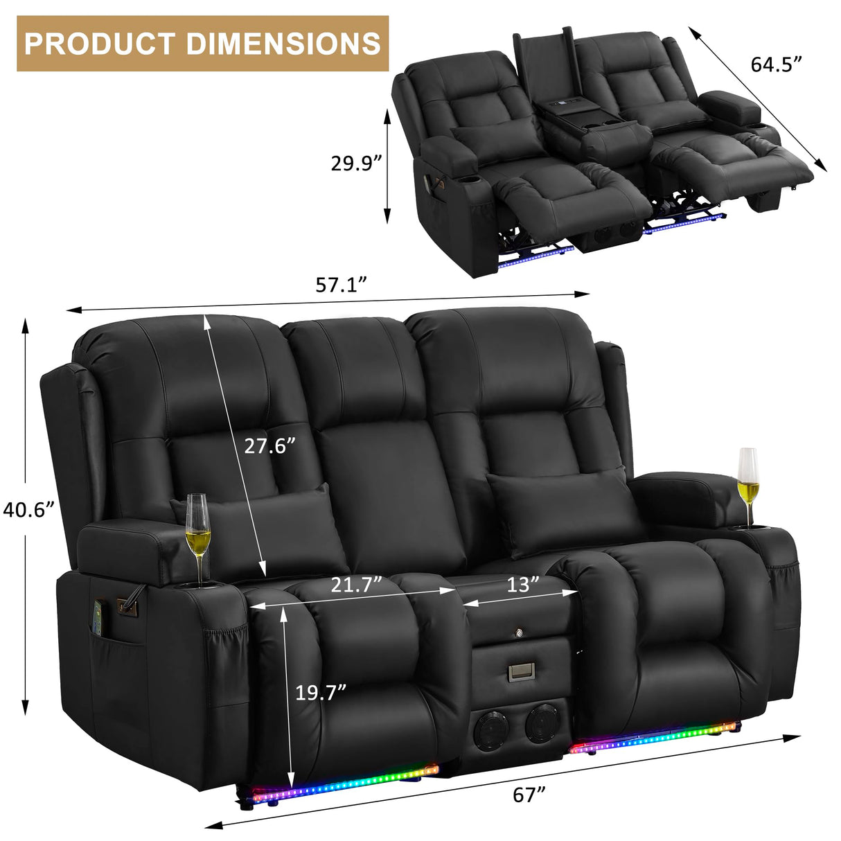URRED Power Reclining Loveseat Sofa with Console, RV Couch Loveseat Recliner Sofa with Massage & Heat, LED Light, Cupholders, Bluetooth Speakers, USB Charge Ports, Outlets, Faux Leather, Black URRED