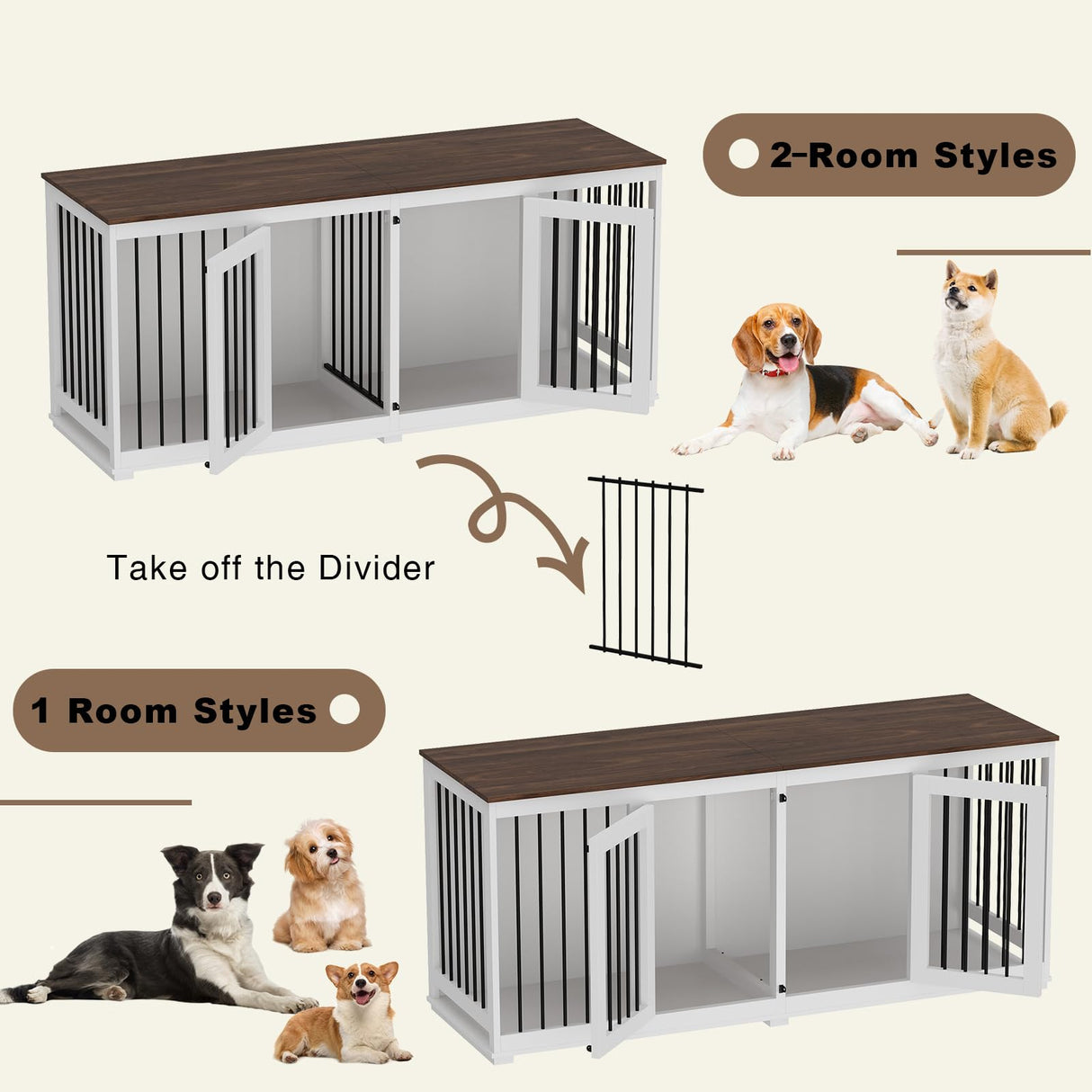 DAWNSPACES Double Dog Crates Furniture for Large Dogs, 71" Heavy Duty Wooden Large Dog Kennel with Removable Divider for 2 Dogs, Indoor Furniture Style Dog Crate House TV Stand, White DAWNSPACES