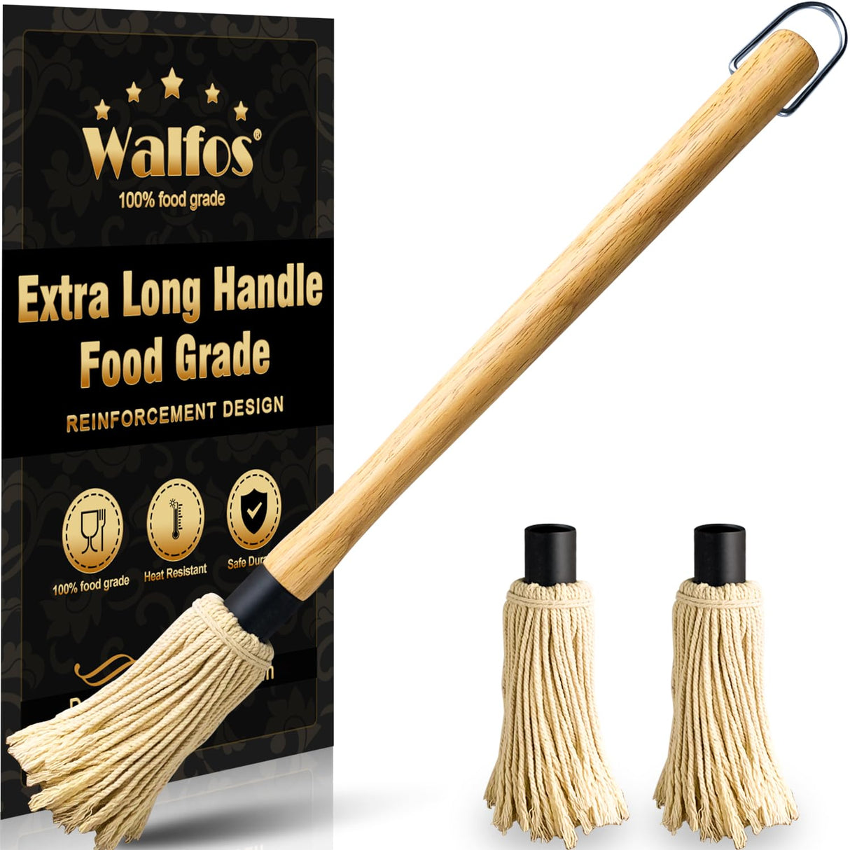 Walfos BBQ Mop Brushes for Sauce, Grilling Basting Mop Wooden Long Handle with 3 Heads, for Grilling, Barbecue, Smoking Steak (18") Walfos