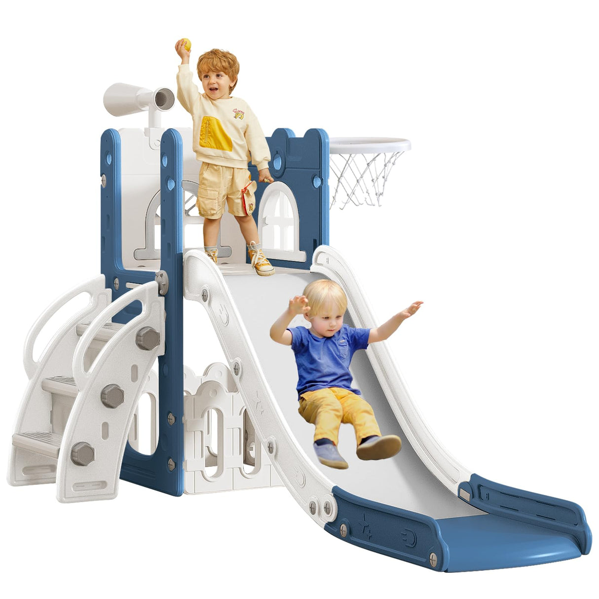 LulliSpace 6 in 1 Toddler Slide for Toddler Age 1-3,Kids Climber Slider for Indoor Outdoor Playground with Basketball Hoop,Storage and Telescope,L Shaped Slide for Toddler Climber Playset LulliSpace