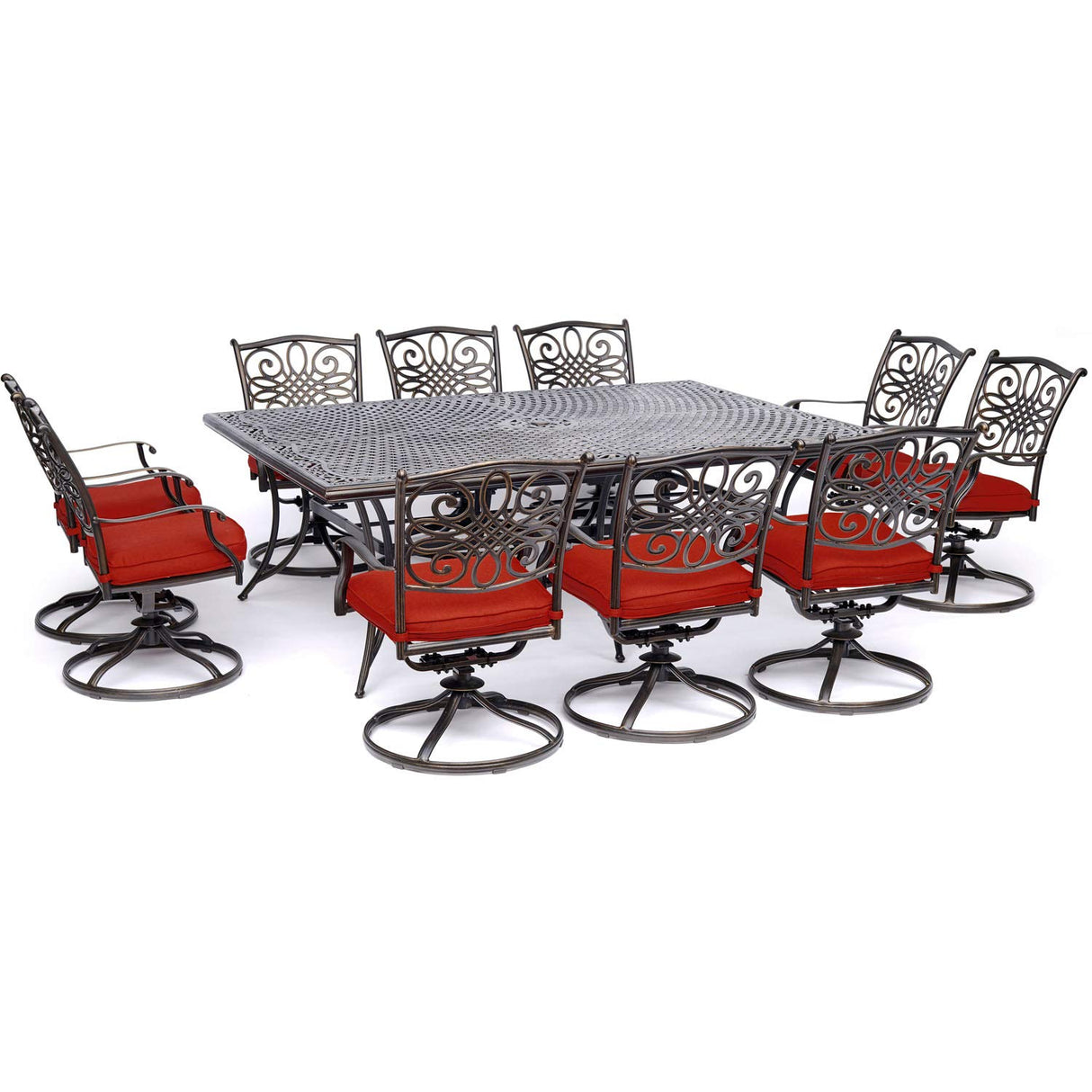 Hanover Traditions 11-Piece Modern Outdoor Dining Set with Rust Resistant Cast Aluminum Rectangular Large Dining Table and 10 Swivel Rocker Chairs with Plush Weather Resistant Red Cushions Hanover