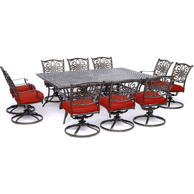 Hanover Traditions 11-Piece Modern Outdoor Dining Set with Rust Resistant Cast Aluminum Rectangular Large Dining Table and 10 Swivel Rocker Chairs with Plush Weather Resistant Red Cushions