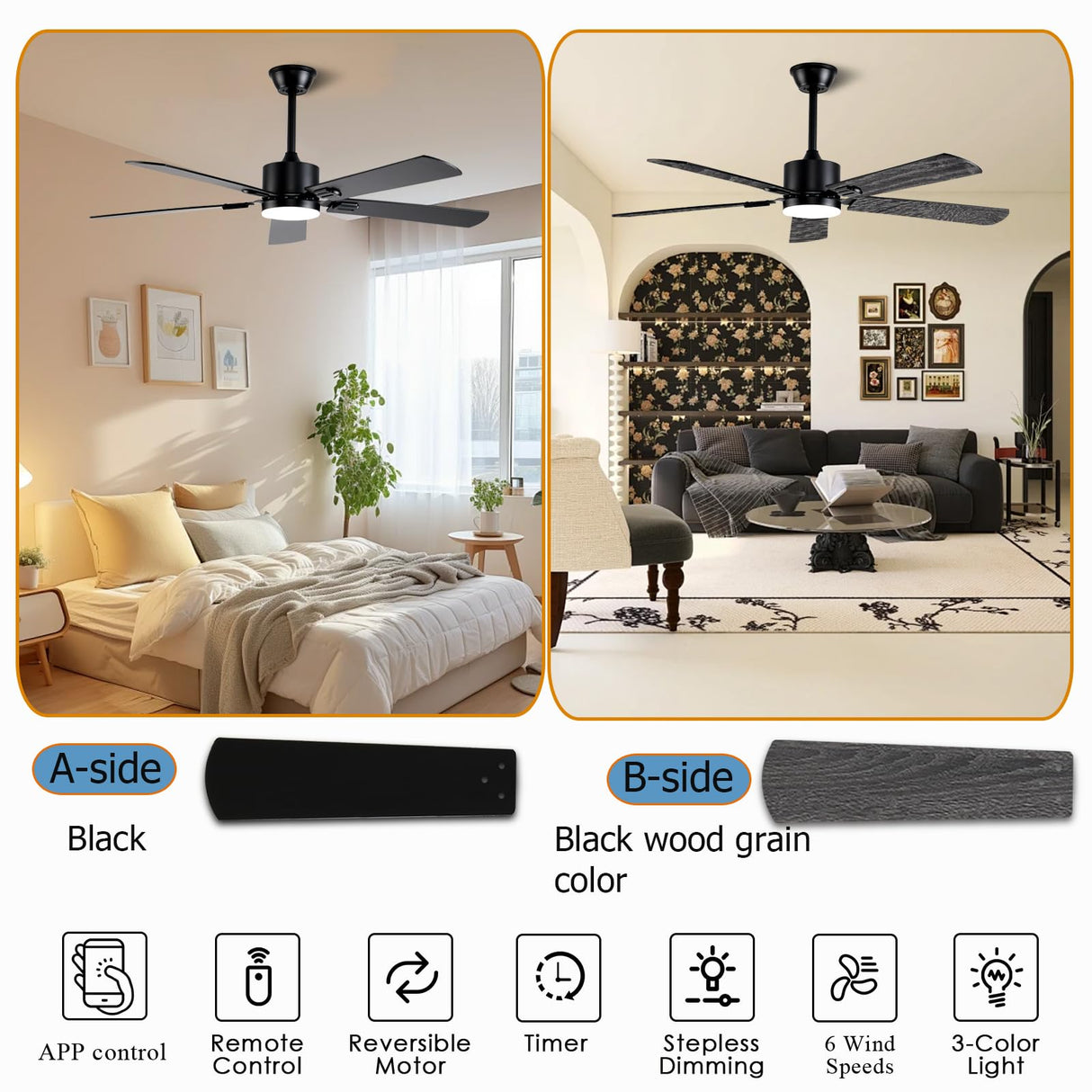 FUMLTP 52 inch Modern Ceiling Fans with Lights APP/Remote Control, Low Profile Reversible 6 Speeds Ceiling Fan Light for Indoor/Outdoor Patio Bedroom Living Room,Black FUMLTP