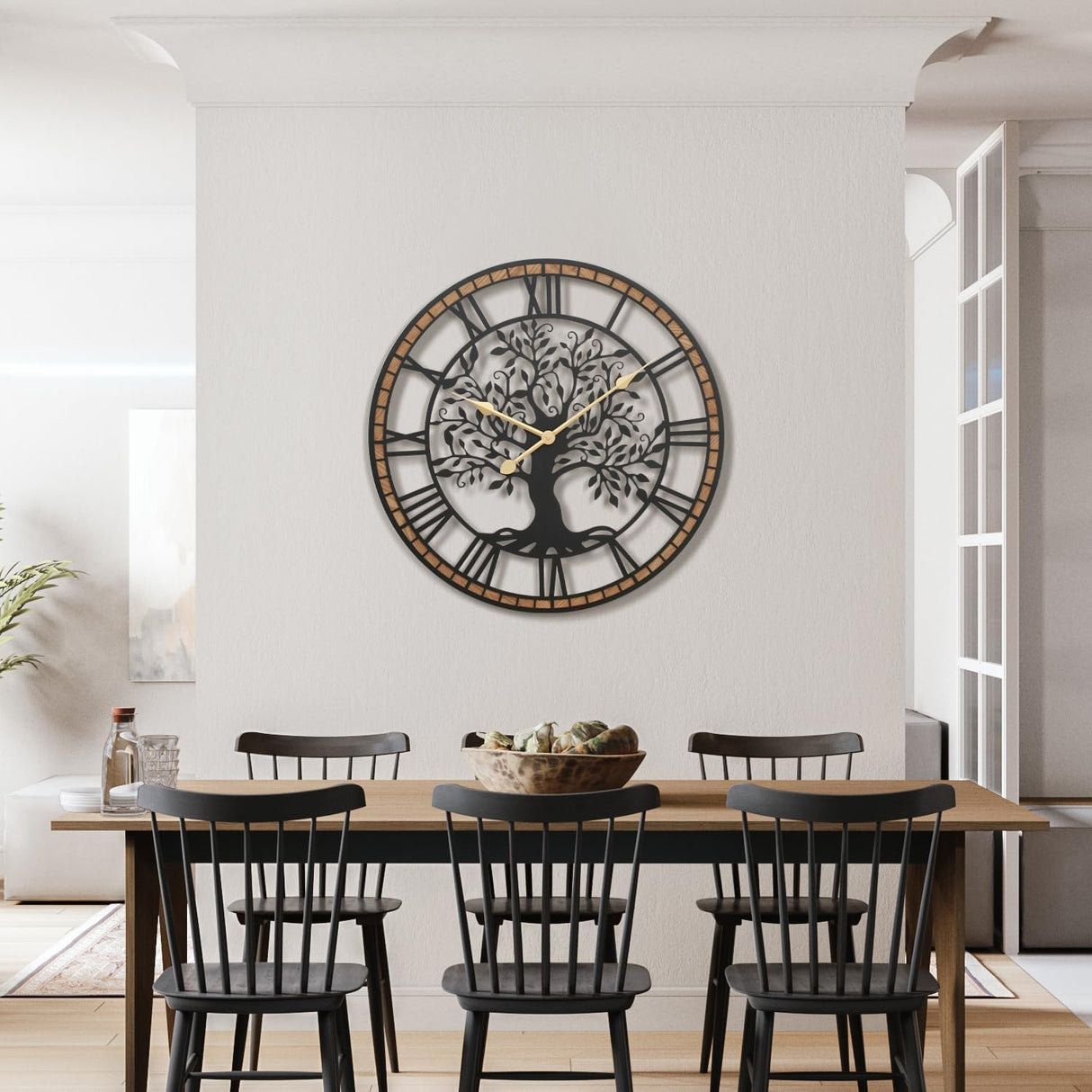 Micasso 32 in Large Tree of Life Wall Clock, Metal Black Modern Wall Clock with Solid Wood Frame, Oversized Non-Ticking Battery Operated Silent Clock for Office,Living Room,Kitchen Micasso