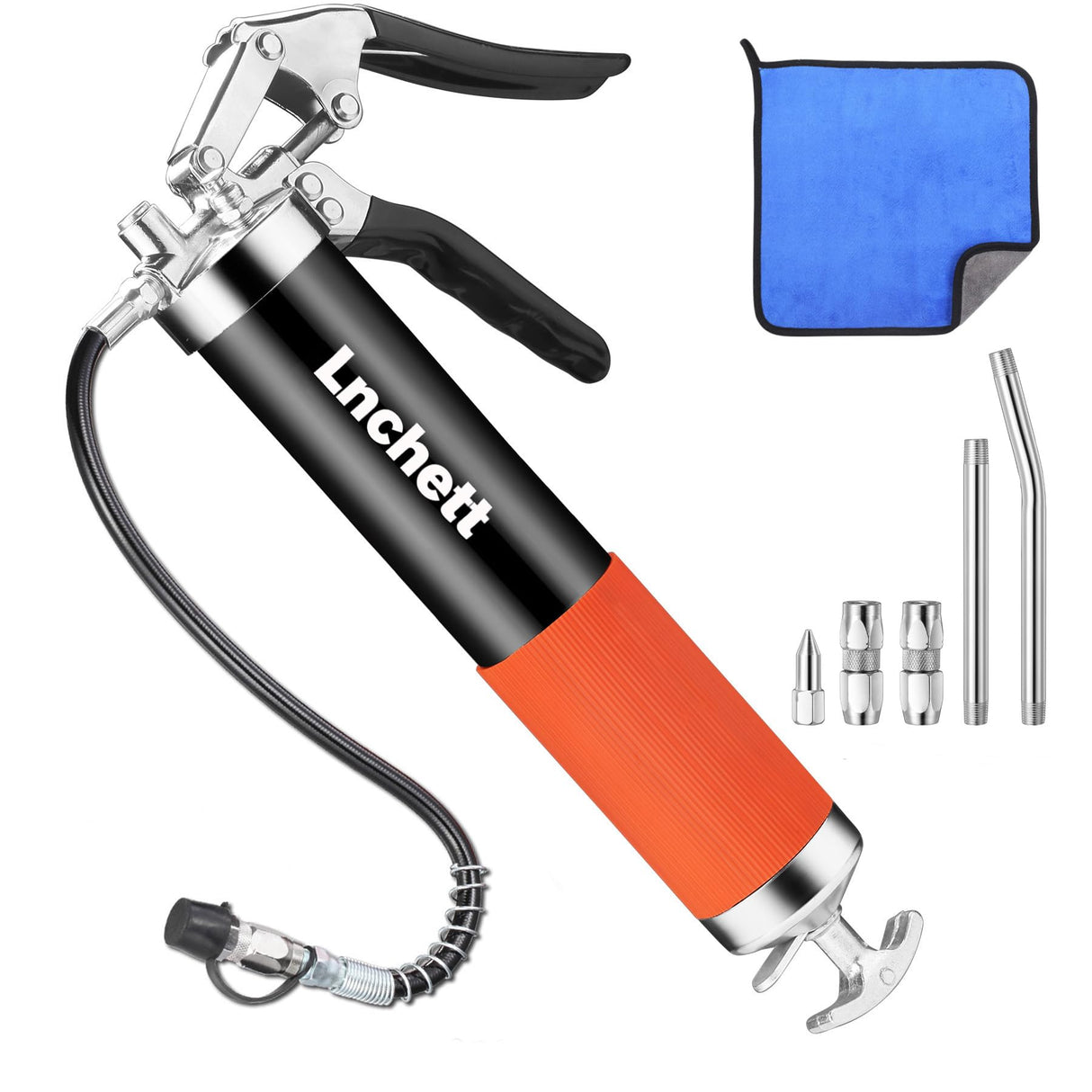 Lnchett Grease Gun with Towel, 9000 PSI Professional Heavy Duty 14 oz Pistol Grip Grease Gun with 18 Inch Spring Flex Hose, 2 Reinforced Coupler, 2 Extension Rigid Pipe and1 Sharp Nozzle Included Lnchett