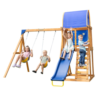 Sportspower Augusta Wooden Swing Set with Heavy Duty A-Frame & 6ft Double Wall Slide, Bonus Anchor Kit Included