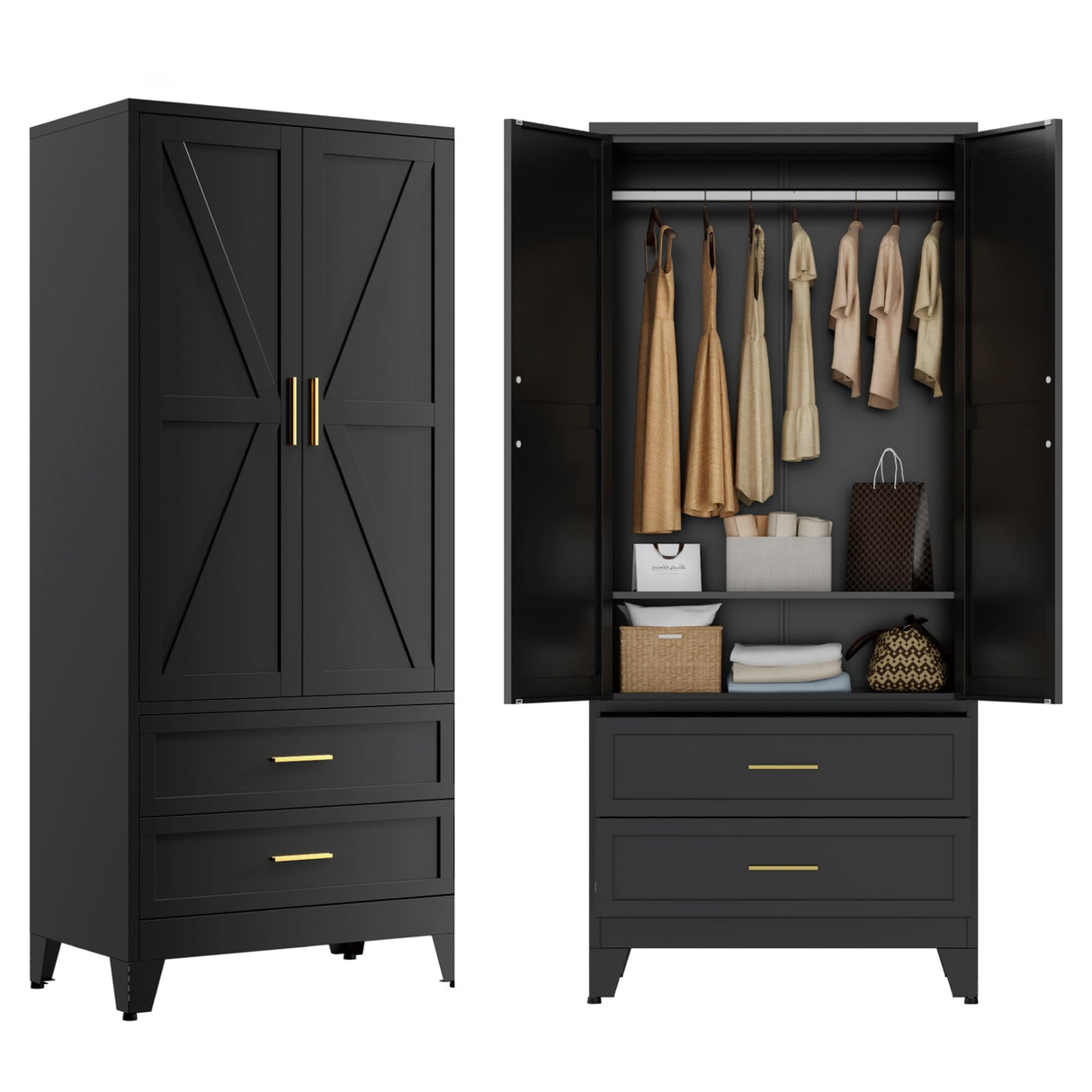 Black Metal Wardrobe Cabinet for Bedroom, 71" Freestanding Closet System with Drawers and Shelves, Hanging Rod Clothing Organizer with Two Doors, Farmhouse Steel Wardrobe Bedroom Armoires Bevivog