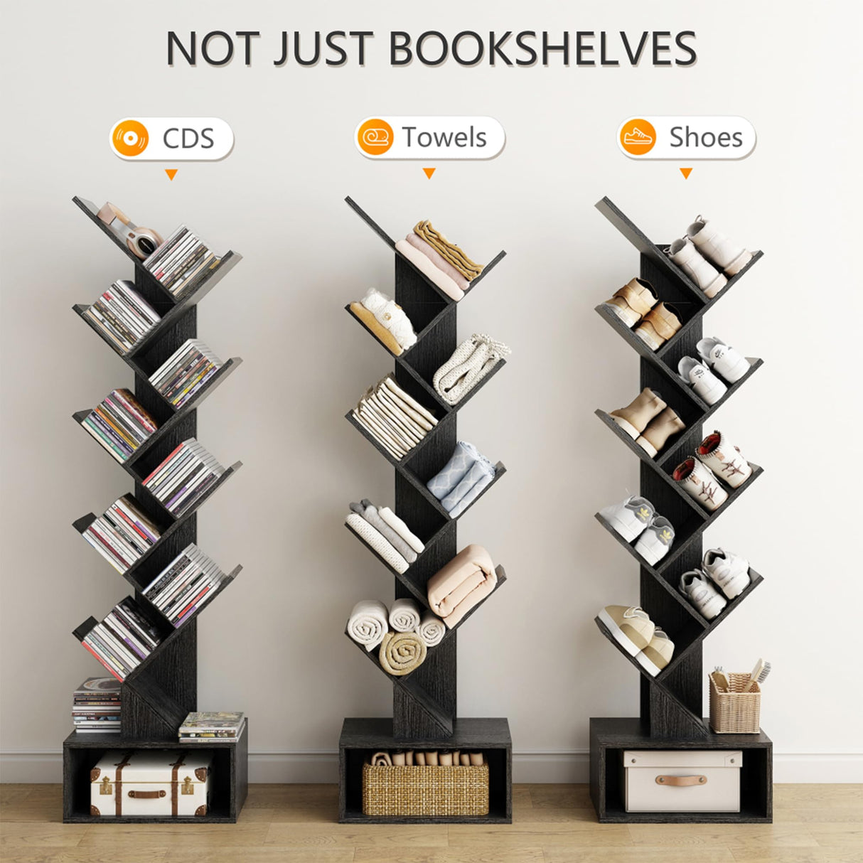 Tajsoon 9-Tier Black Tree Bookshelf with Drawer – Modern Home Storage Solution Tajsoon
