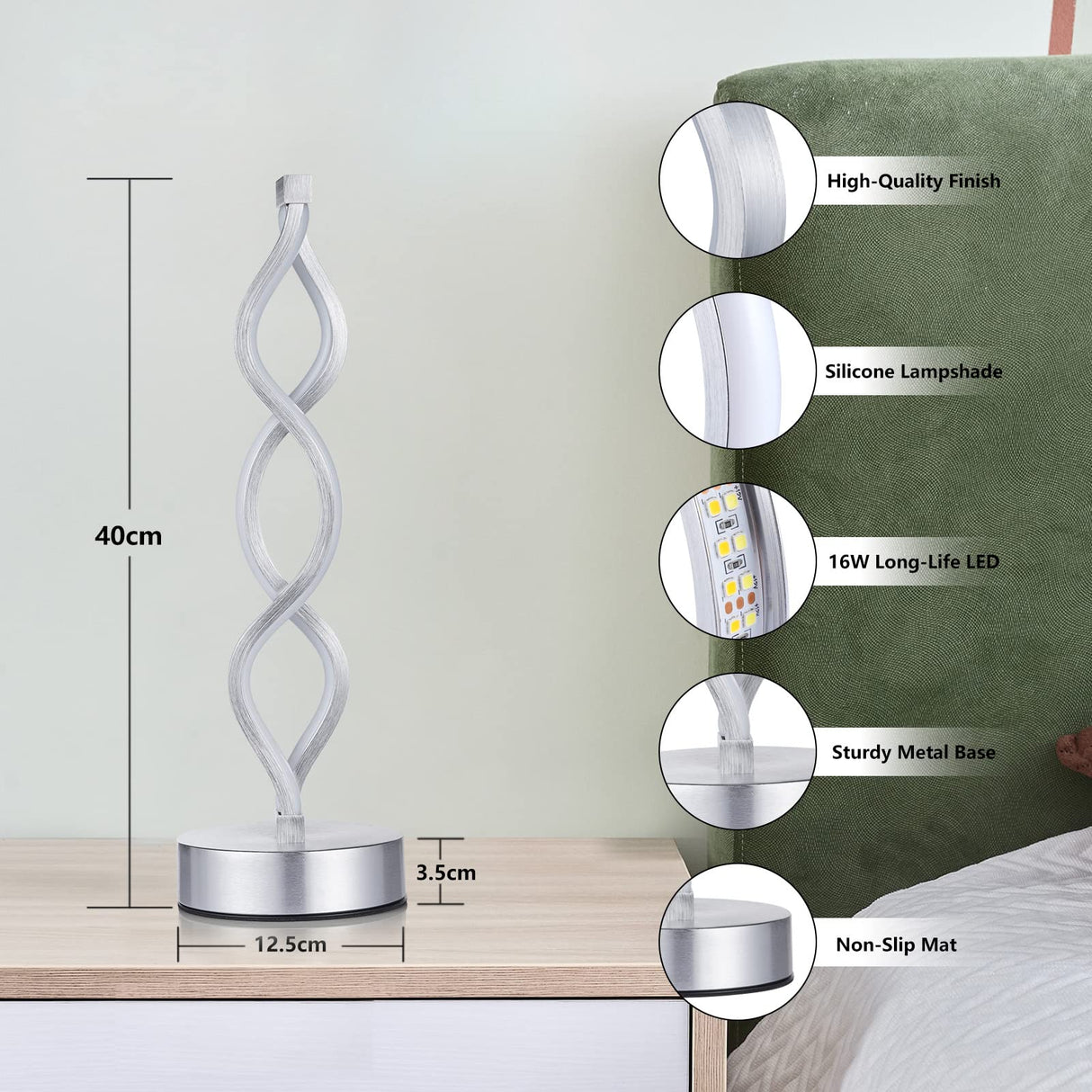 NUÜR Infinity Spiral LED Table Lamp Silver, Dimmable Metallic Bedside Lamp with Touch Controller, 3 Colour Temperature, 15.8 Inch Height, Decorative Lamp for Home, Living Room NUÜR