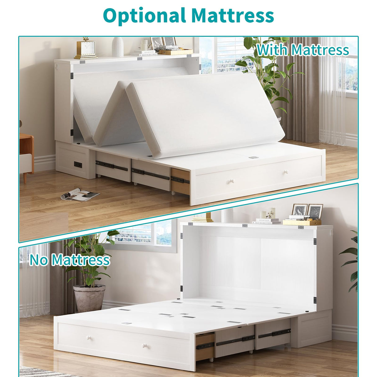 BALUS Murphy Cabinet Bed, Queen Murphy Bed with Tri-fold Mattress, Charging Stations, Wooden Cabinet Chest Beds with 2 Storage Drawers for Bedroom Guest Room - White BALUS