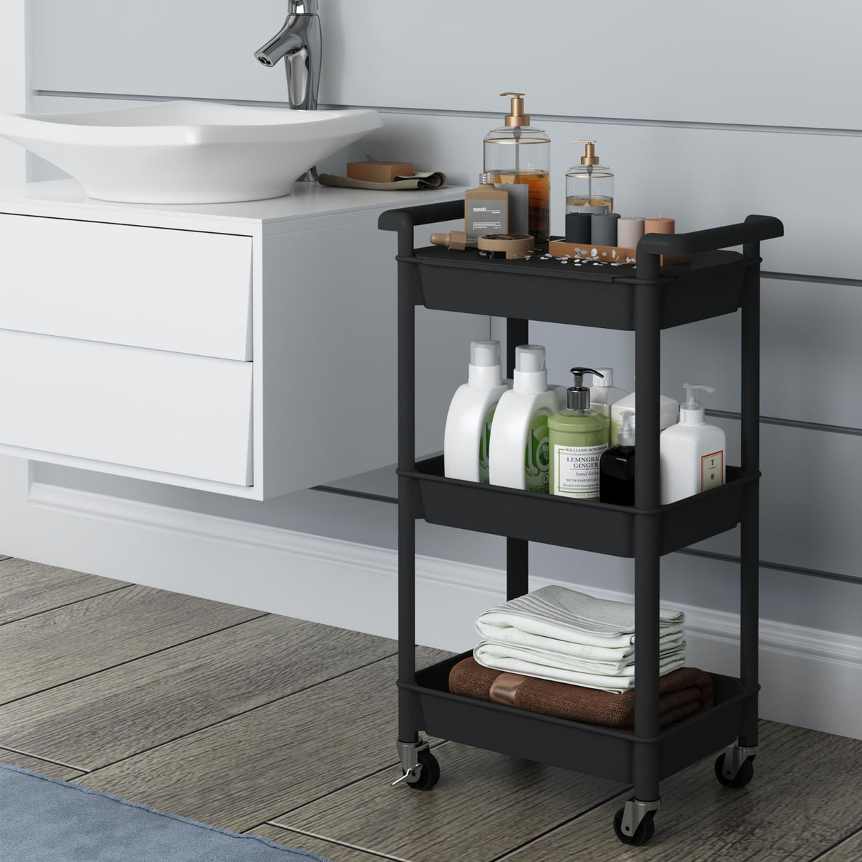 Steehoom 3-Tier Utility Rolling Cart with Cover Top Board, Mobile Utility Cart with Lockable Casters Multi-Functional Storage Trolley for Office, Bathroom, Kitchen, Garden, Laundry Room (Black) Steehoom