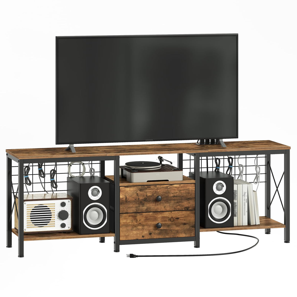 YATINEY TV Stand with Power Outlet for 75 Inch, Entertainment Center with 2 Fabric Drawers, TV Console Table with Open Storage Shelves for TVs, Cable Management, for Living Room, Bedroom, DS16UBR YATINEY