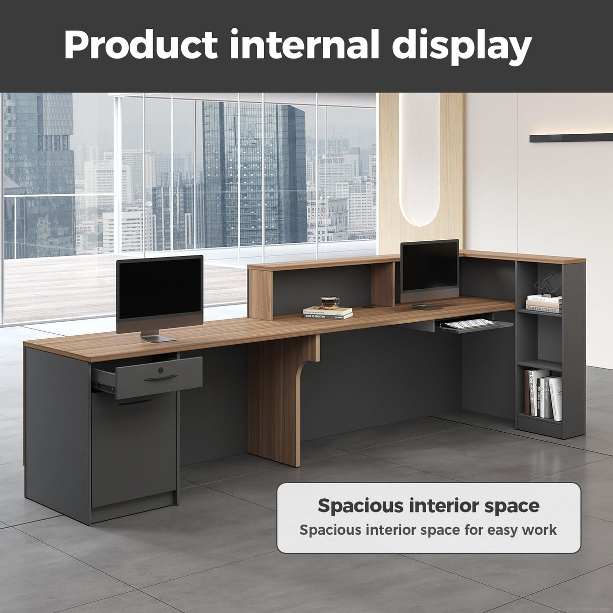 Anzhap L-Shaped Reception Desk with Counter, Modern Front Desk Checkout Counter with Drawer, Storage Cabinet, Keyboard Tray for Office, Salon, Lobby (Walnut + Iron Gray/Right, 94" L*24" W*41" H) Anzhap