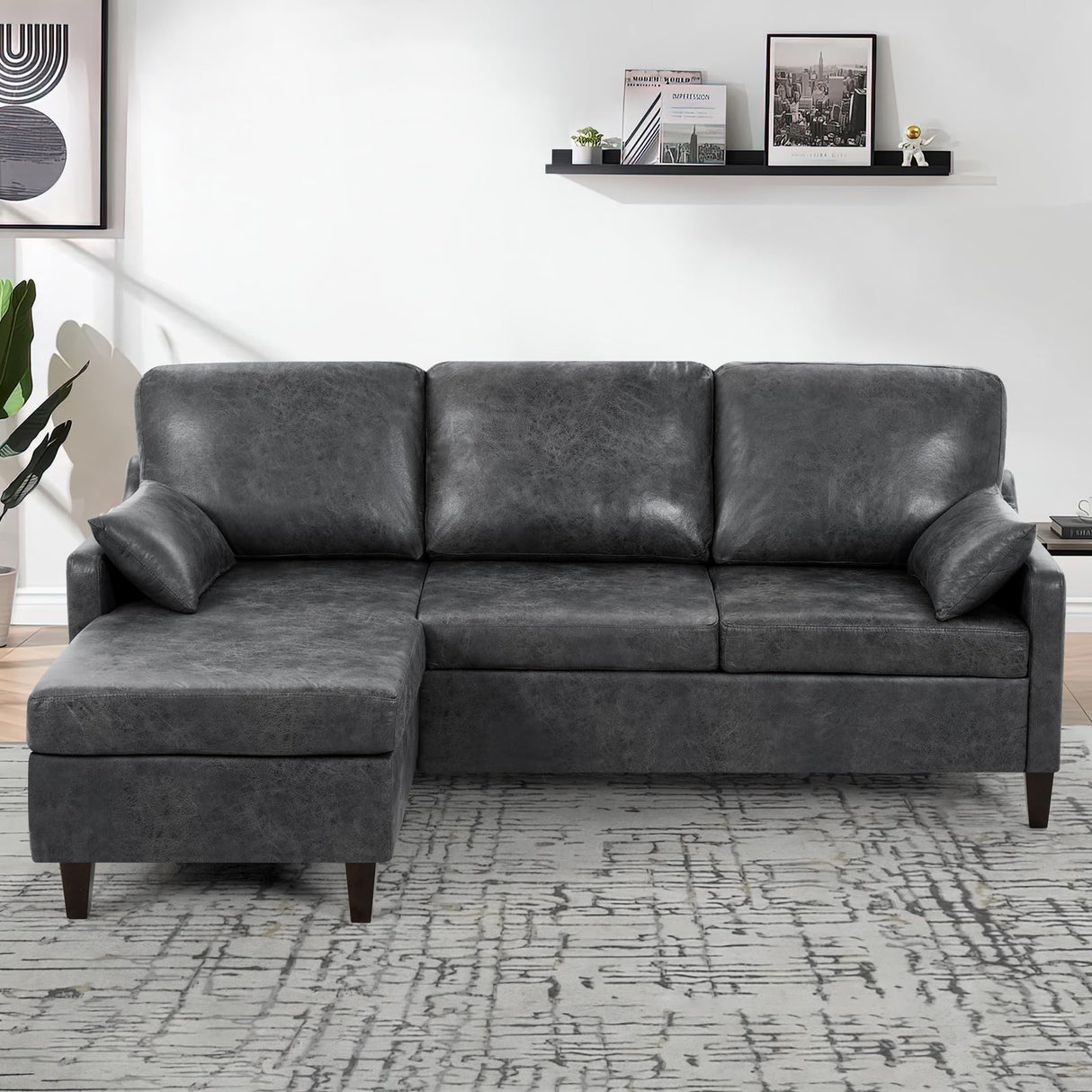 ACMEASE 76" Sectional Sofa Couch with Reversible Chaise, Suede Leather L Shaped Sofa w/USB Charger Ports & Storage Bag, Convertible Modern Couch w/Storage Space for Living Room, Small Space, Grey ACMEASE
