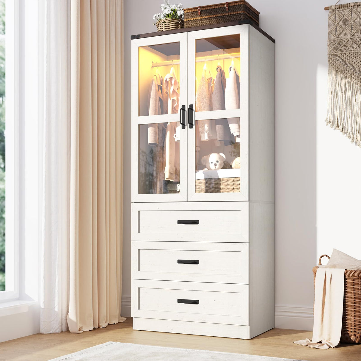 75" Tall Farmhouse 2 Doors Armoire Wardrobe Closet with 3 Drawers and LED,Freestanding Closet Wardrobe Cabinet for Bedroom with Hanging Rod,Wooden Armoire Storage Cabinet Adjustable(Rustic Off White) Hlivelood