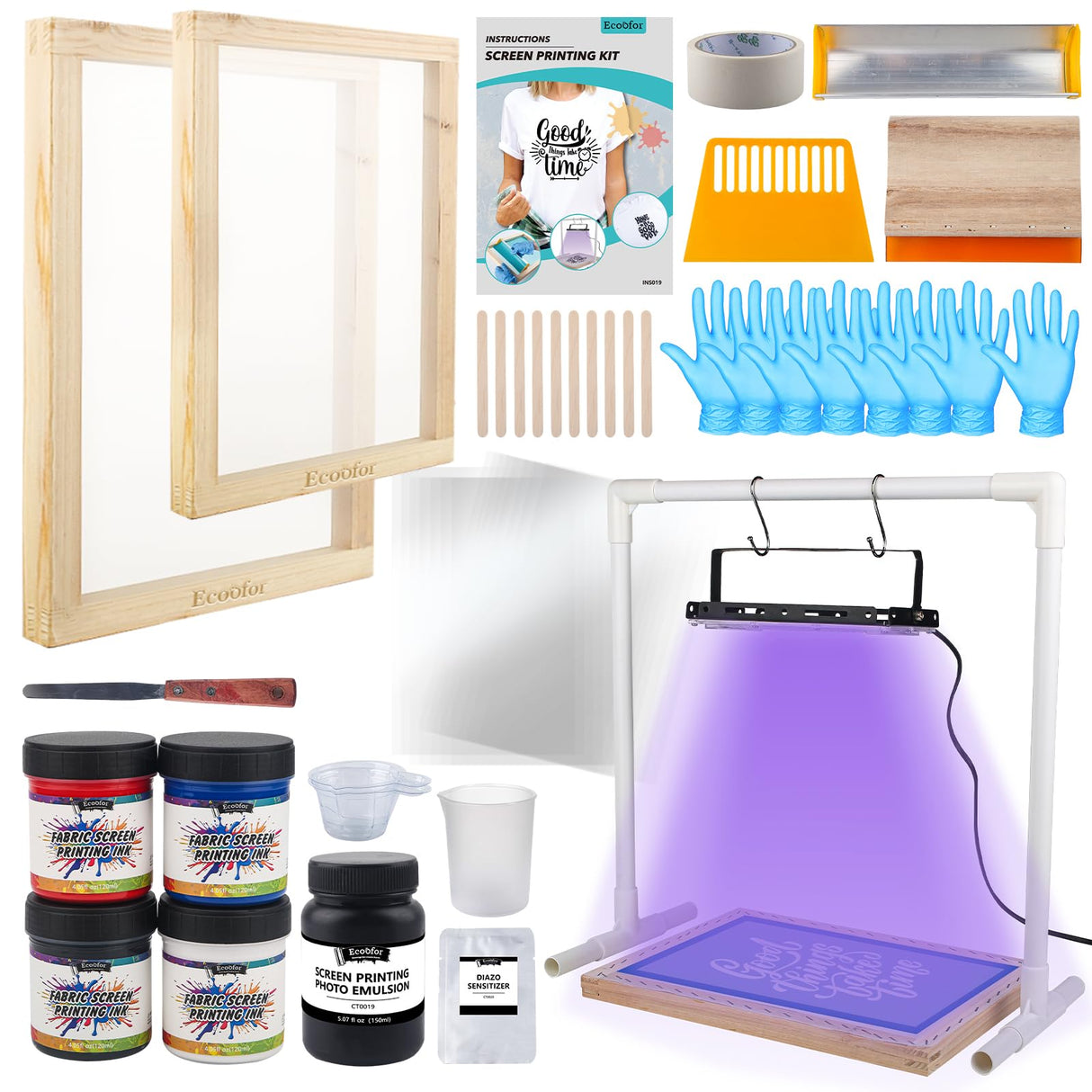 Ecoofor 47pcs All-in-One Set with 50W UV Exposure Lamp,2 Size Wood Screen Printing Frames, 4 Colors Screen Printing Ink, 10 A4 Size Inkjet Transparency Films Ecoofor