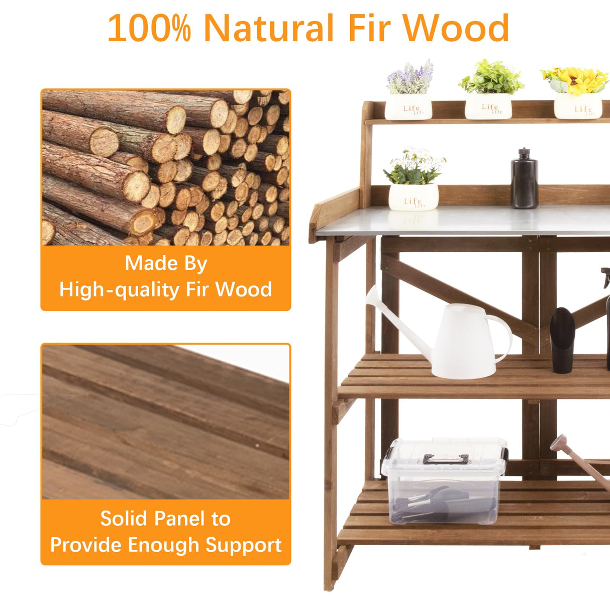 Ketive Folding Potting Bench Table,Outdoor Potting Bench Garden Wooden Potting Table,Fir Wood Workstation Planting Table with Galvanized Tabletop,2 Tier Storage Shelves,Top Shelf(Brown) ketive