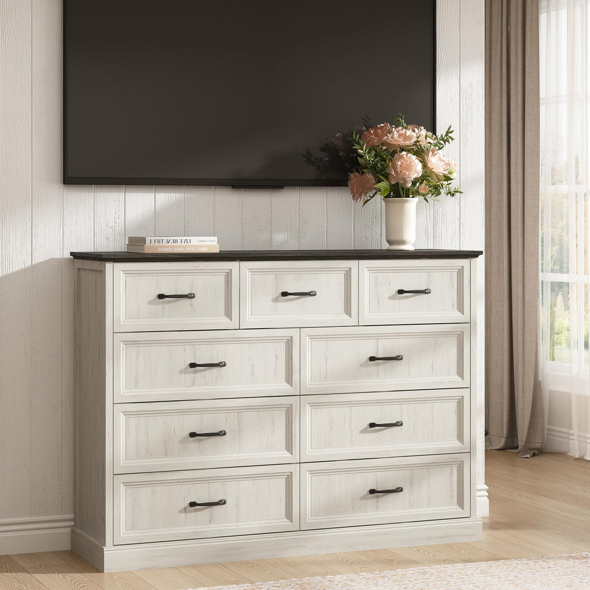 Farmhouse 9 Drawer Dresser for Bedroom, 55 Inch Wide Modern White Dresser TV Stand with Large Drawers & Bar Handles, Rustic Wood Chest of Drawers for Bedroom, Living Room, Hallway, Entryway. CARPETNAL