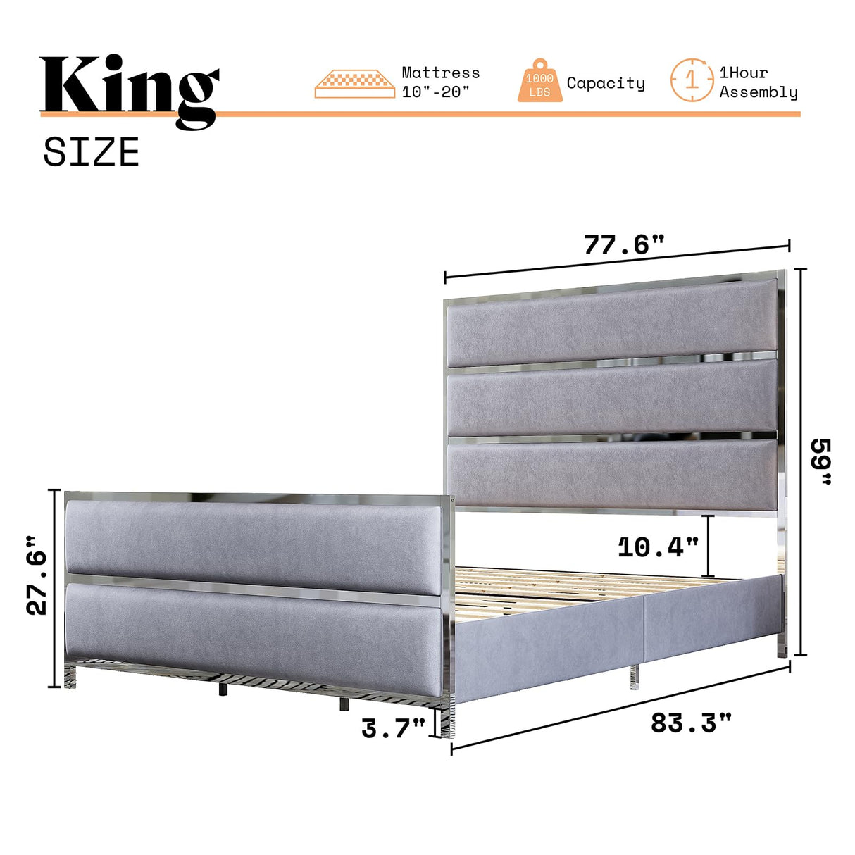 AMERLIFE 59" King Size Bed Frame, Velvet Upholstered Bed with Silver Trim Headboard & Footboard, Channel Tufted Platform Bed Frame, No Box Spring Needed/Light Grey AMERLIFE