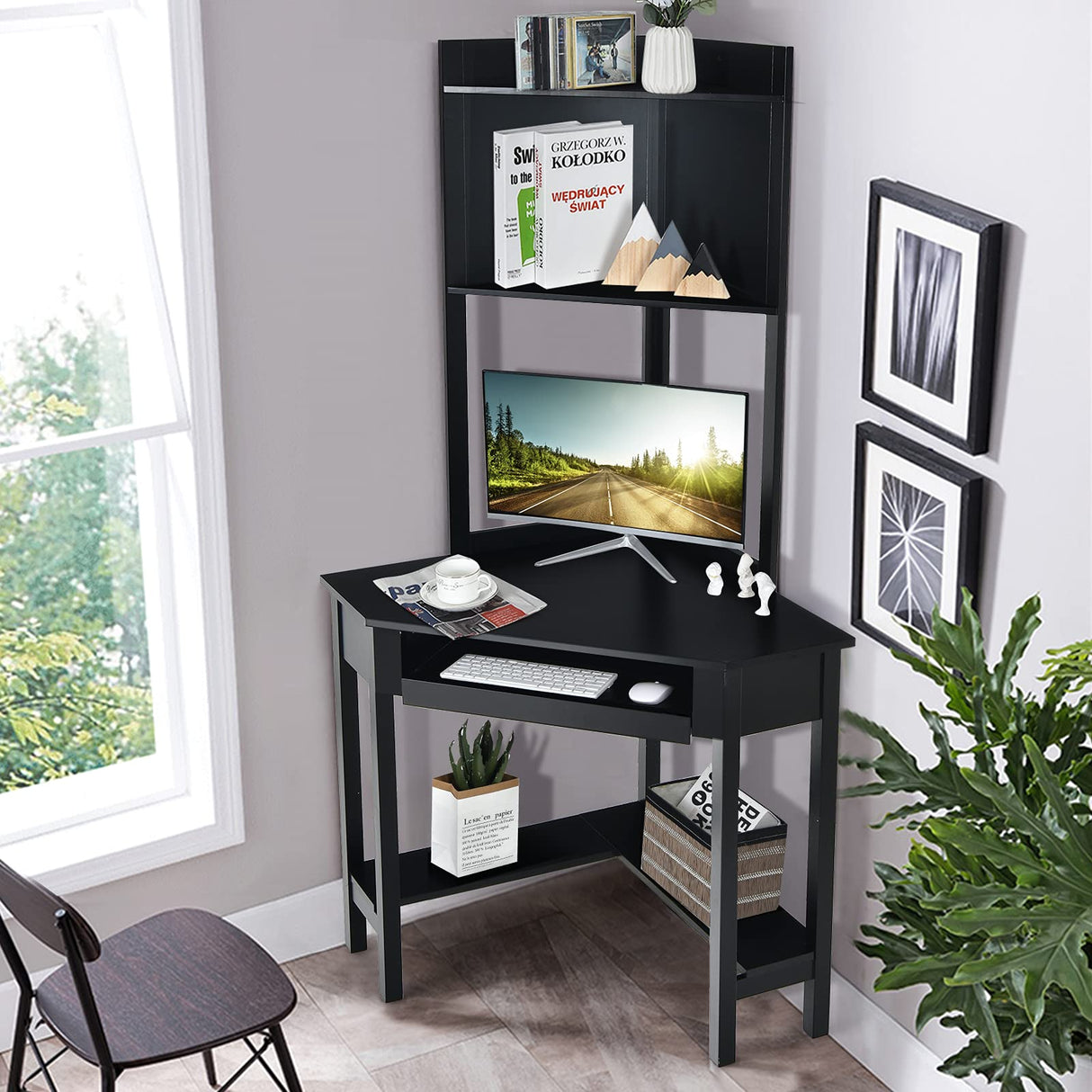 Tangkula Corner Desk with Hutch, 90 Degrees Triangle Corner Computer Desk with Keyboard Tray & Bookshelves for Small Space, Space Saving Corner Writing Desk for Bedroom Tangkula