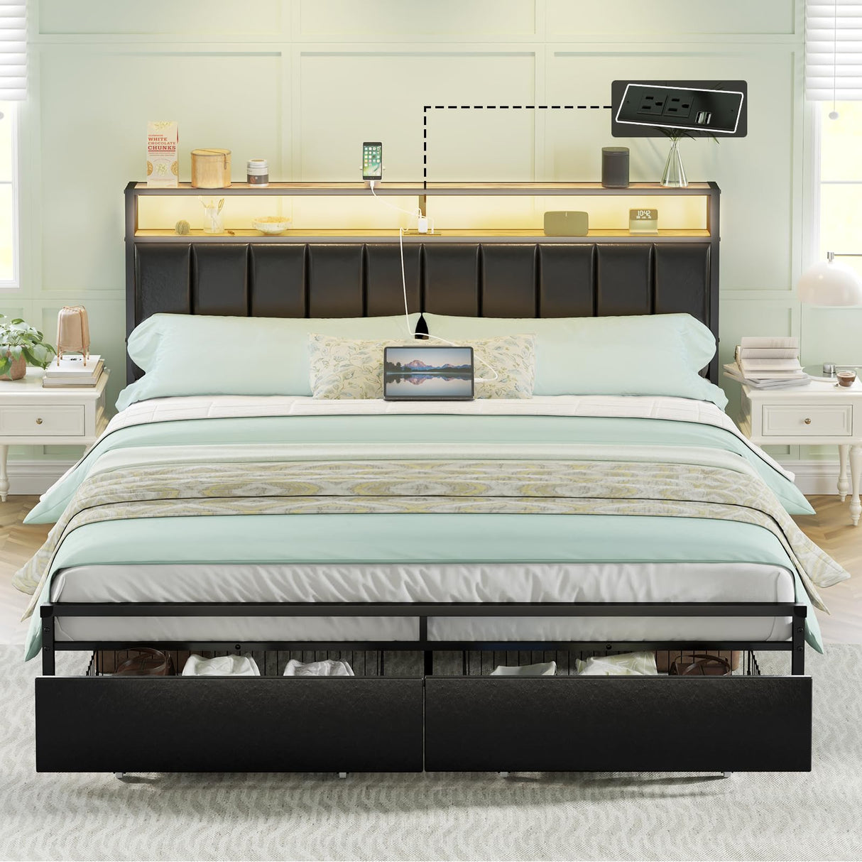 AMERLIFE LED Bed Frame with Drawers, King Platform Bed Frame with 2-Tier Storage & Leather Upholstered & Charging Station Headboard, No Box Spring Needed, Noise Free, Easy Assembly, Black AMERLIFE