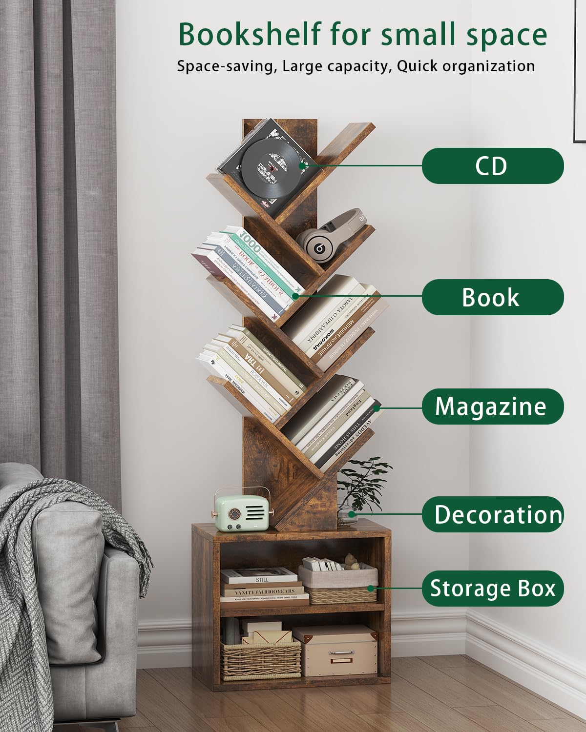 FFFlowerBBBook 6 Tier Tree Bookshelf,Small Bookcase with Storage Cabinet, Modern Tall Narrow Bookshelves Organizer, Floor Standing Book Shelf for Bedroom/Living Room/Home Office/CDs/Movies/Corner FFFlowerBBBook