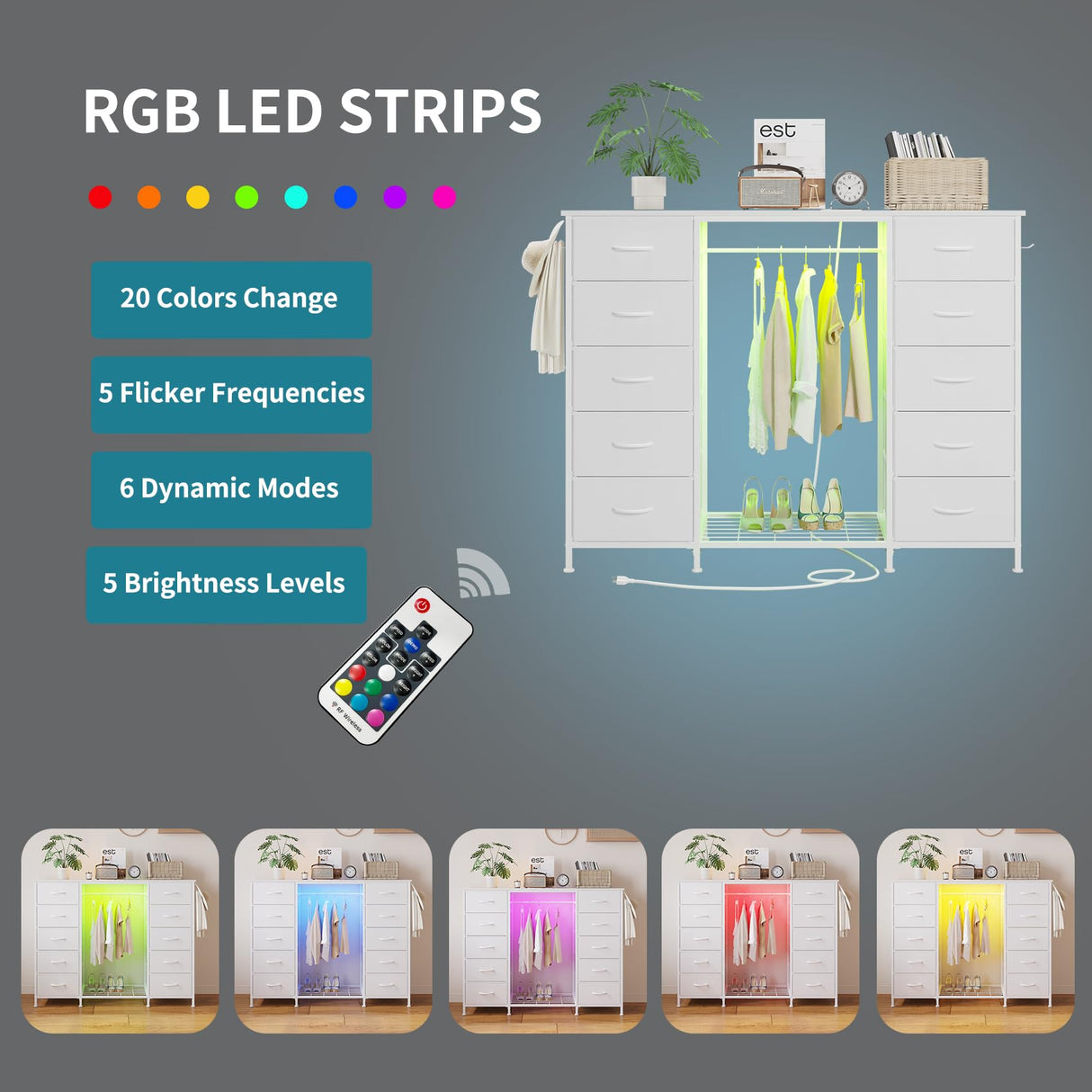 LUMTOK 55" W 2-in-1 Dresser with Hanging Rack, 10 Drawers Dresser for Bedroom, White Drawer Dressers with LED Lights, Charging Station and Hanging Racks for Bedroom LUMTOK
