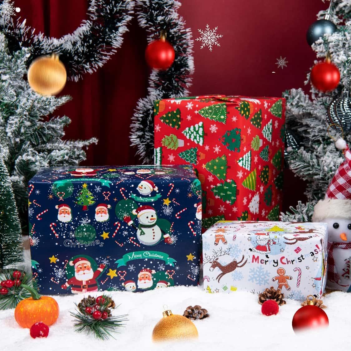 Linnoptimix Christmas Wrapping Paper Rolls -3 LARGE ROLL-27inch*78 inch per roll Colorful Foil Red White Blue wrapping paper(Christmas White/Red/Blue(005)) Linnoptimix