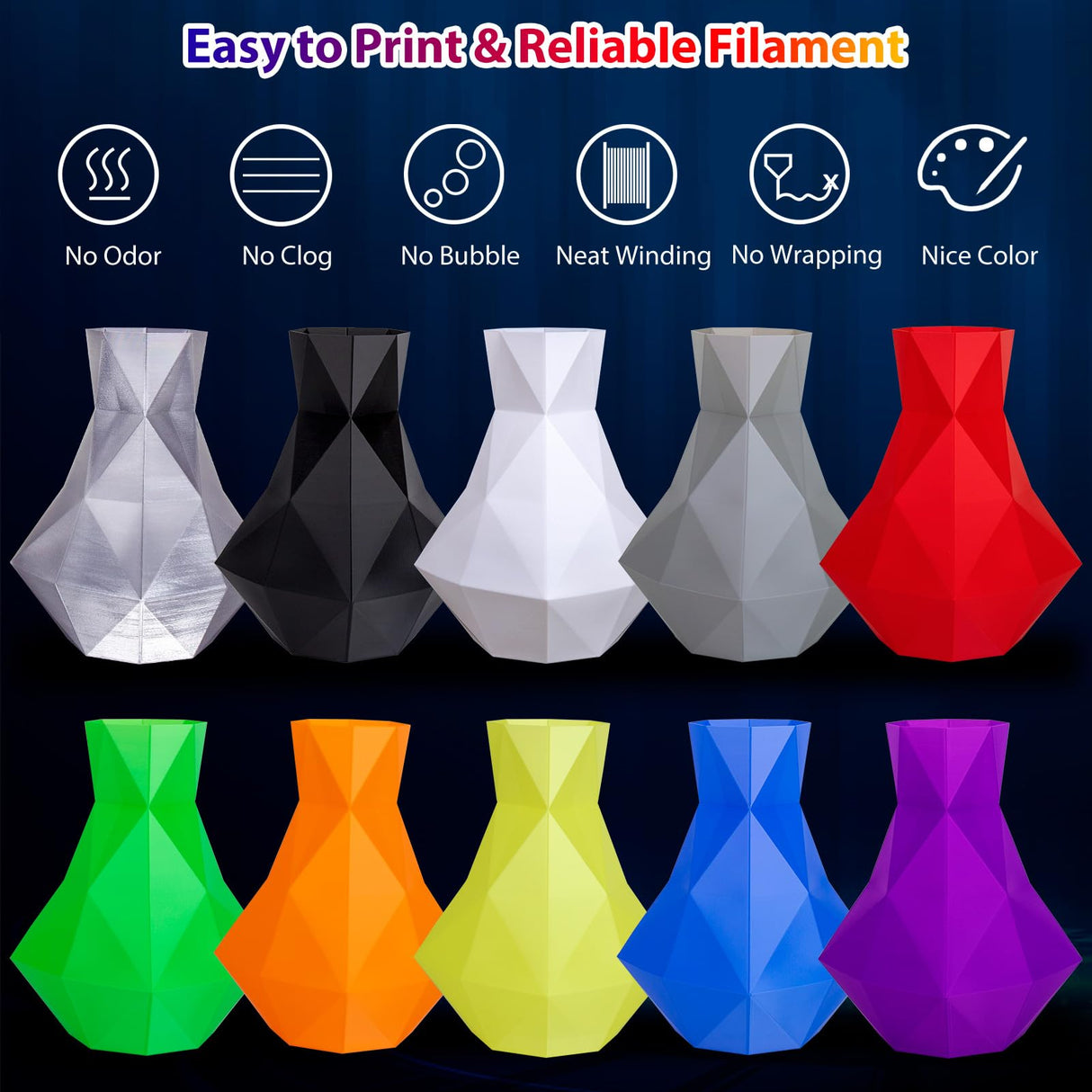 dikale PLA Pro 3D Printer Filament 10 Packs, 1.75mm No Tangle, Each Spool Net Weight 1KG, in Total 10KG Bundles, Black+White+Grey+Clear+Blue+Green+Orange+Red+Yellow+Purple dikale