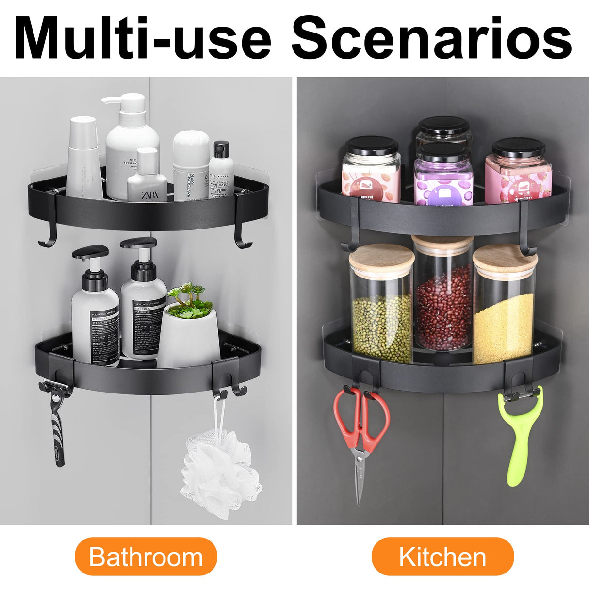 DUFU Adhesive Corner Shower Caddy with Hooks,Bathroom Shower Organizer, No Drilling Rust Proof Aluminum Shower Shelf for Inside Shower 2 Pack (Black) DUFU