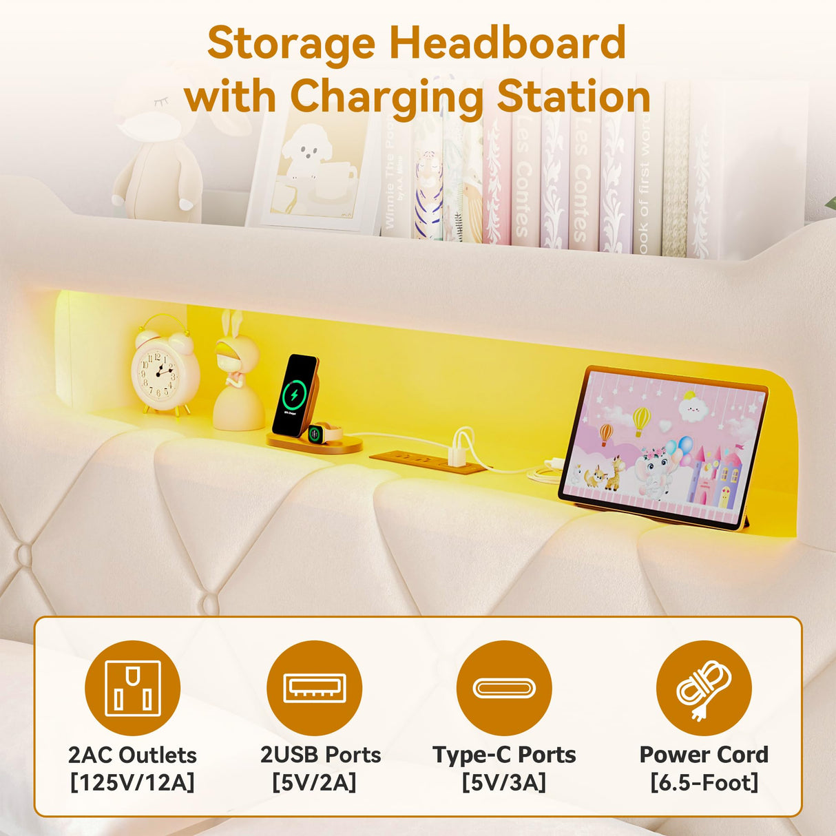 Full Upholstered LED Bed Frame with 2 Storage Drawers and 2-Tier Storage Headboard, Velvet Princess Platform Bed with Charging Station & Bookcase,Heavy Duty Metal Support,No Box Spring Needed,Beige Jocoevol