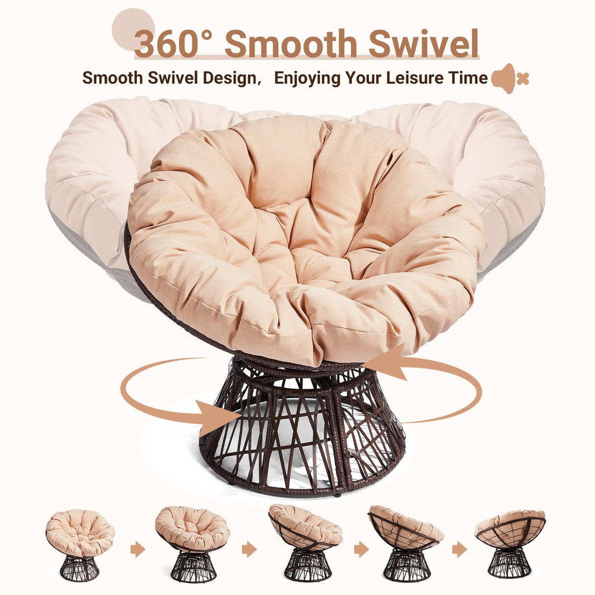 VINGLI 38” Outdoor Wicker Papasan Chair with Cushion, 360-Degree Swivel Egg Chair Patio Papasan Chairs Lounge Chair for Balcony, Yard, Porch (Brown) VINGLI