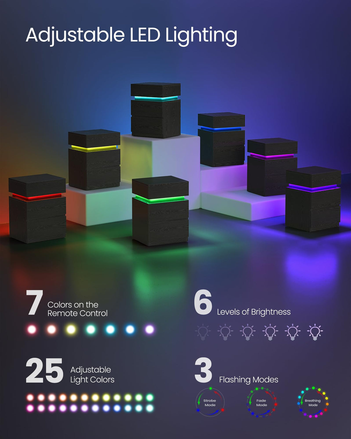 VASAGLE Nightstand with LED Lights, Adjustable Light Colors, Bedside Table, Side Table with 3 Drawers, Modern Style, 13.8 x 15.7 x 21.7 Inches, Ebony Black ULET630T58 VASAGLE