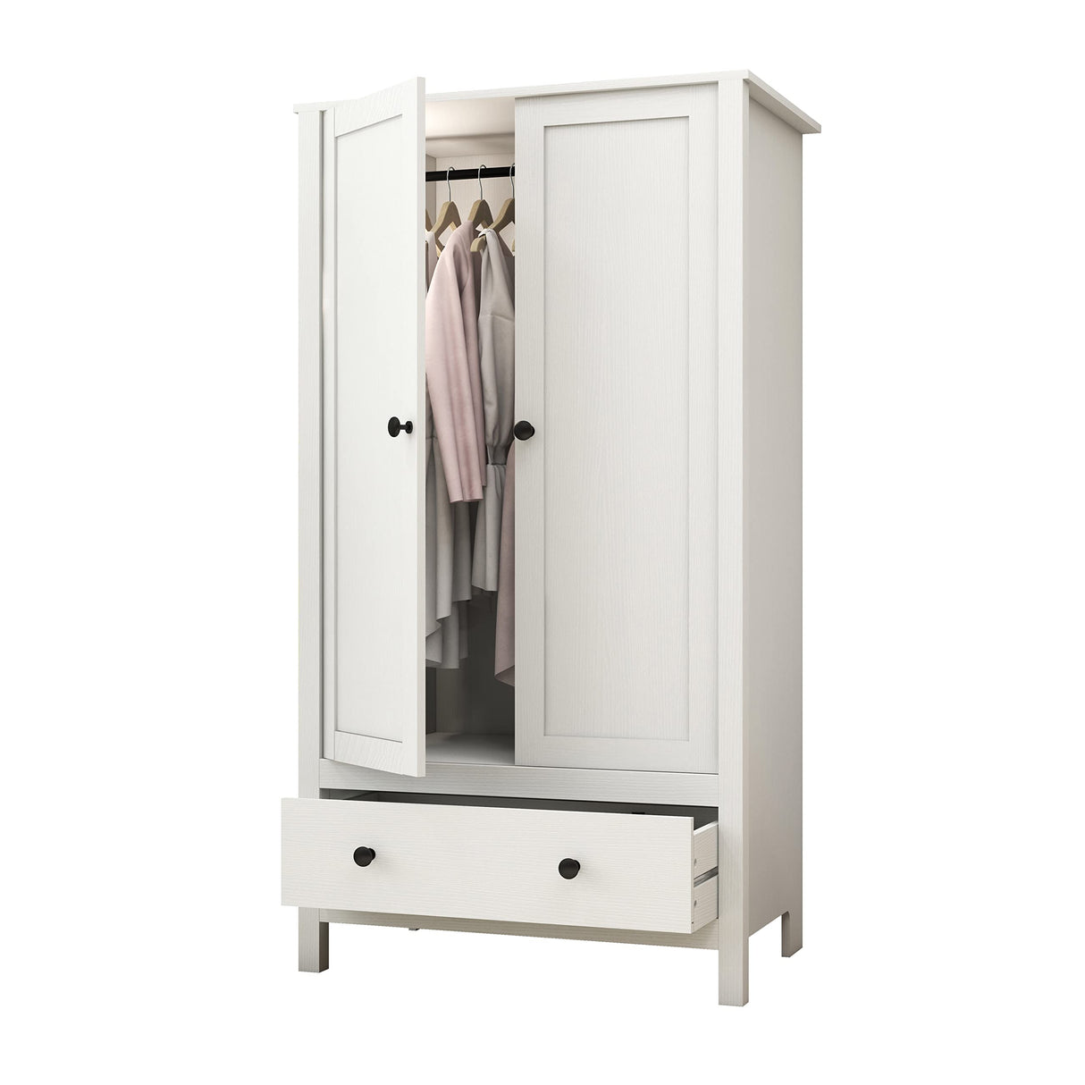 Panana Modern Wooden 2 Doors Wardrobe Double Wardrobe with 1 Storage Drawer Armoires Clothing Storage Cabinet for Bedroom (White) Panana