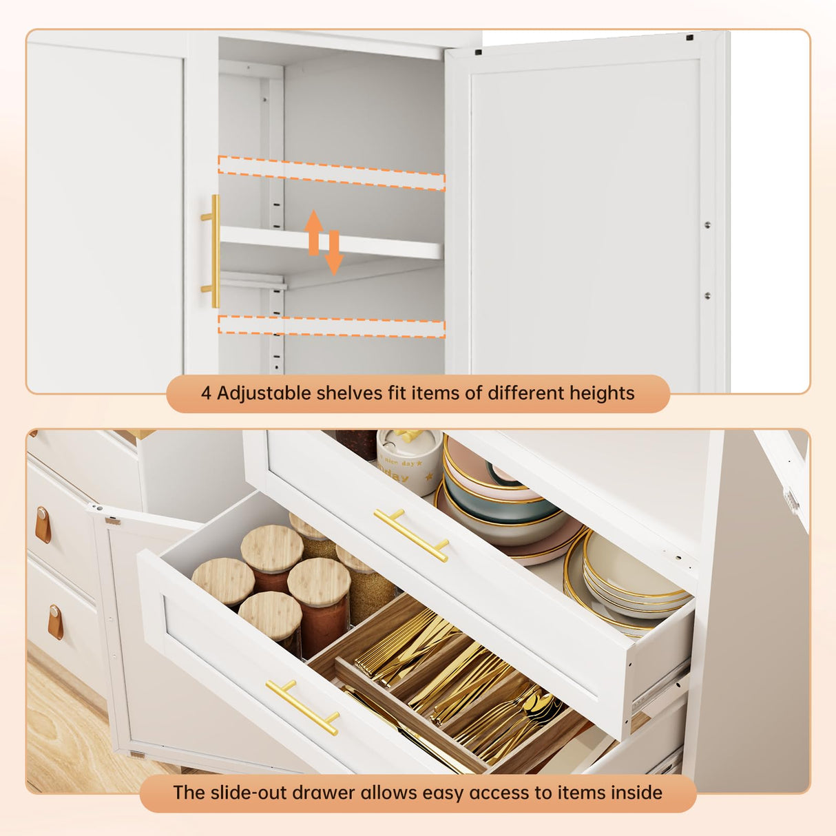 JHYKFG 75" Tall Kitchen Pantry Cabinet,Metal Storage Cabinets with 2 Drawers and Adjustable Shelves,Freestanding Display Cupboard for Dining Room,Living Room,Hallway,Bathroom,White JHYKFG