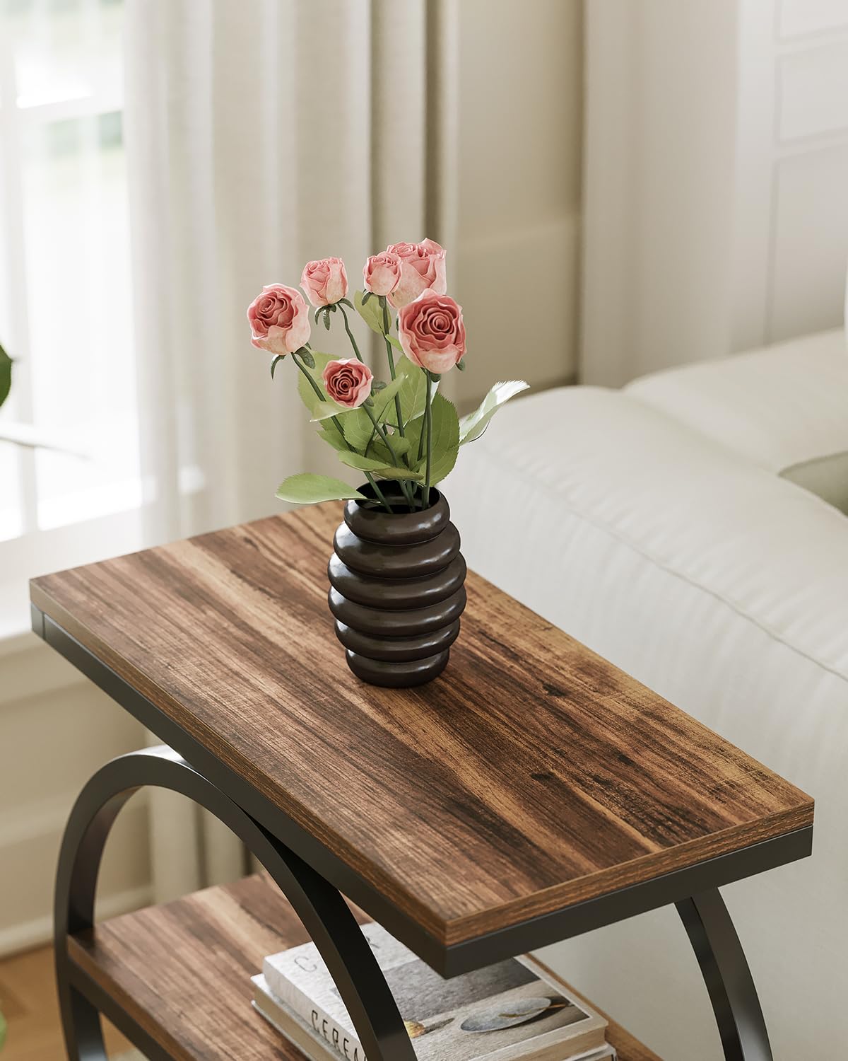 LITTLE TREE End Table, 3-Tier Side Table, Slim Sofa Side Table for Living Room, Tall Bedside Table Nightstand for Bedroom, Rustic Brown and Black LITTLE TREE