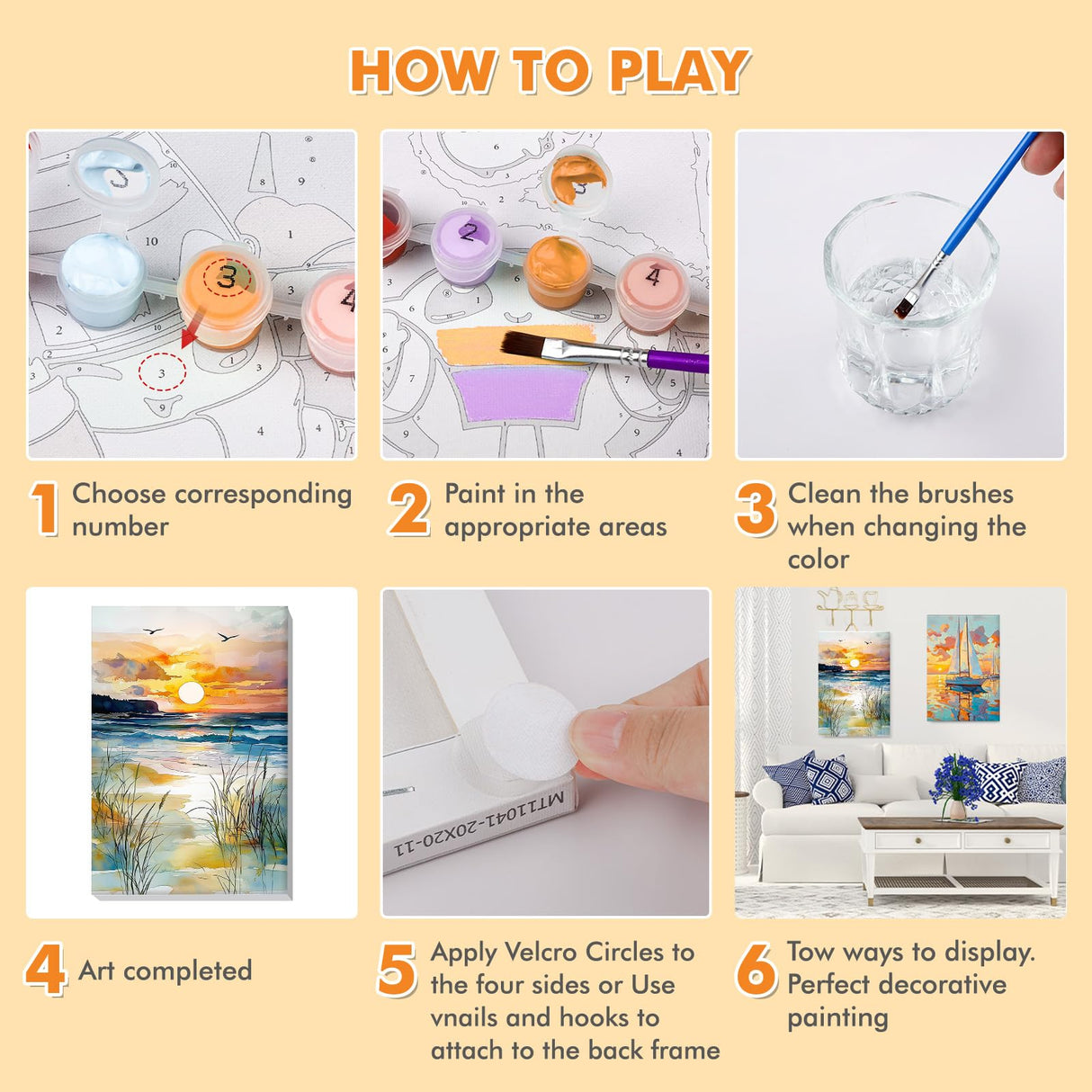 Bowetile 2 Pack Landscape Paint by Numbers for Adults Beginners Framed, Beach Adults' Paint-by-Number Kits, Easy Adult Paint by Number Kits on Canvas, Acrylic Number Painting for Home Decor, 8x12in Bowetile