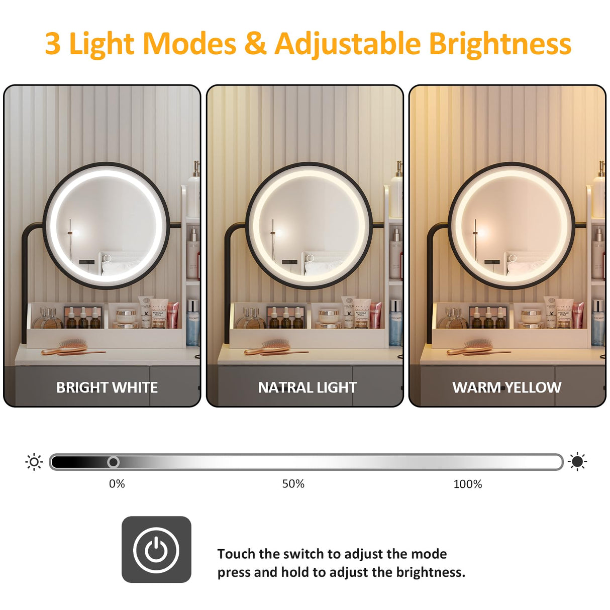 Vabches Makeup Vanity with Round Mirror and Lights, White Vanity Makeup Table with Charging Station, Small Vanity Table for Bedroom, 3 Lighting Vabches