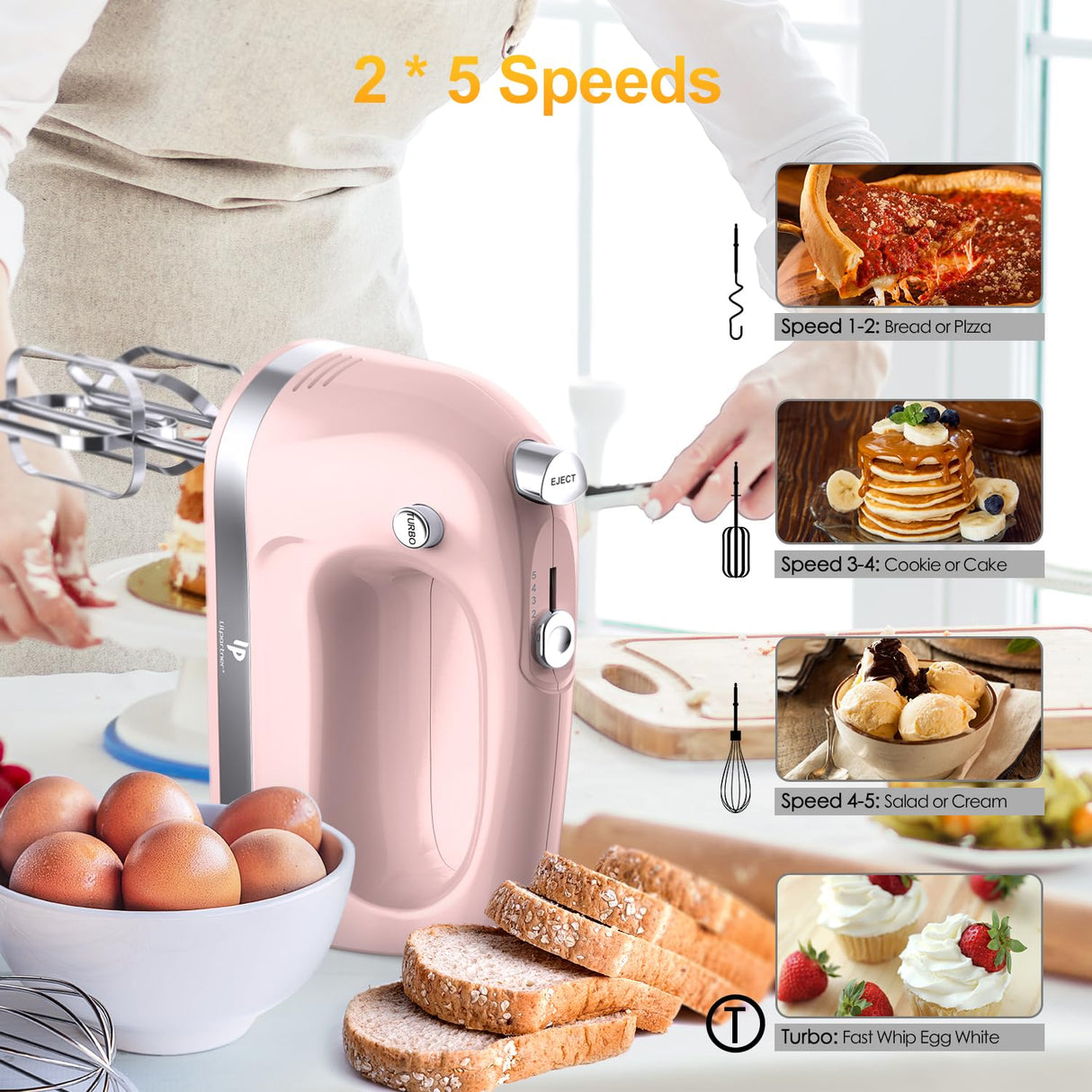Hand Mixer Electric, 400W Food Mixer 5 Speed Handheld Mixer, 5 Stainless Steel Accessories, Storage Box, Kitchen Mixer with Cord for Cream, Cookies, Dishwasher Safe, Pink LILPARTNER