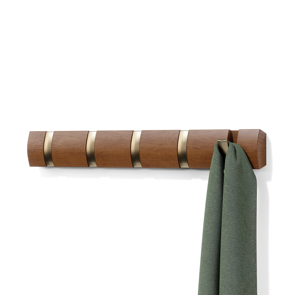 Umbra FLIP Wall Mounted Floating Rack – Modern, Sleek, Space-Saving Hanger with Retractable Hooks to Hang Coats, Scarves, Purses and More, Walnut/Gold Umbra