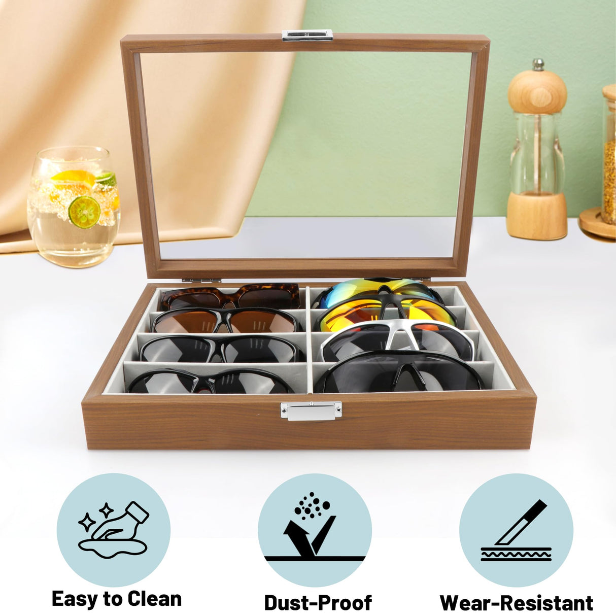 Homeanda Wooden Color 8 Grids Glasses Eyeglasses Case Sun Glasses Holder Eyewear Organizer Sunglasses Box Glasses Case Tray Glasses Display Showcase Organizer Jewelry Tray with Cover Homeanda