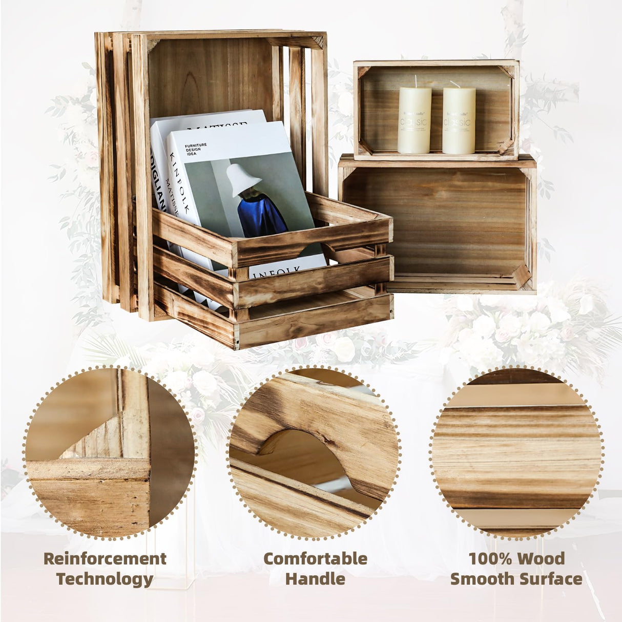 MACVAD Set of 4 Large Torched Wood Decorative Storage Crates, Nesting Wooden Crates for Display Rustic, Farmhouse Wooden Storage Container Boxes Made from 100% Wood MACVAD