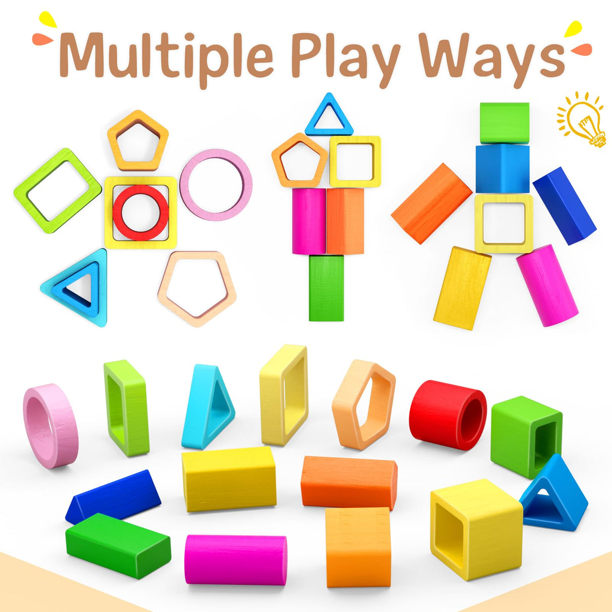 PEBIRA Montessori Toys for 1 2 3 Year Old Boys Girls Toddlers, Heightened Peg-free Wooden Stacking Toys, Shape Sorter Learning Toys, Birthday Gift for Baby Kid Age 1-4 Preschool Toy, Various Game Play PEBIRA