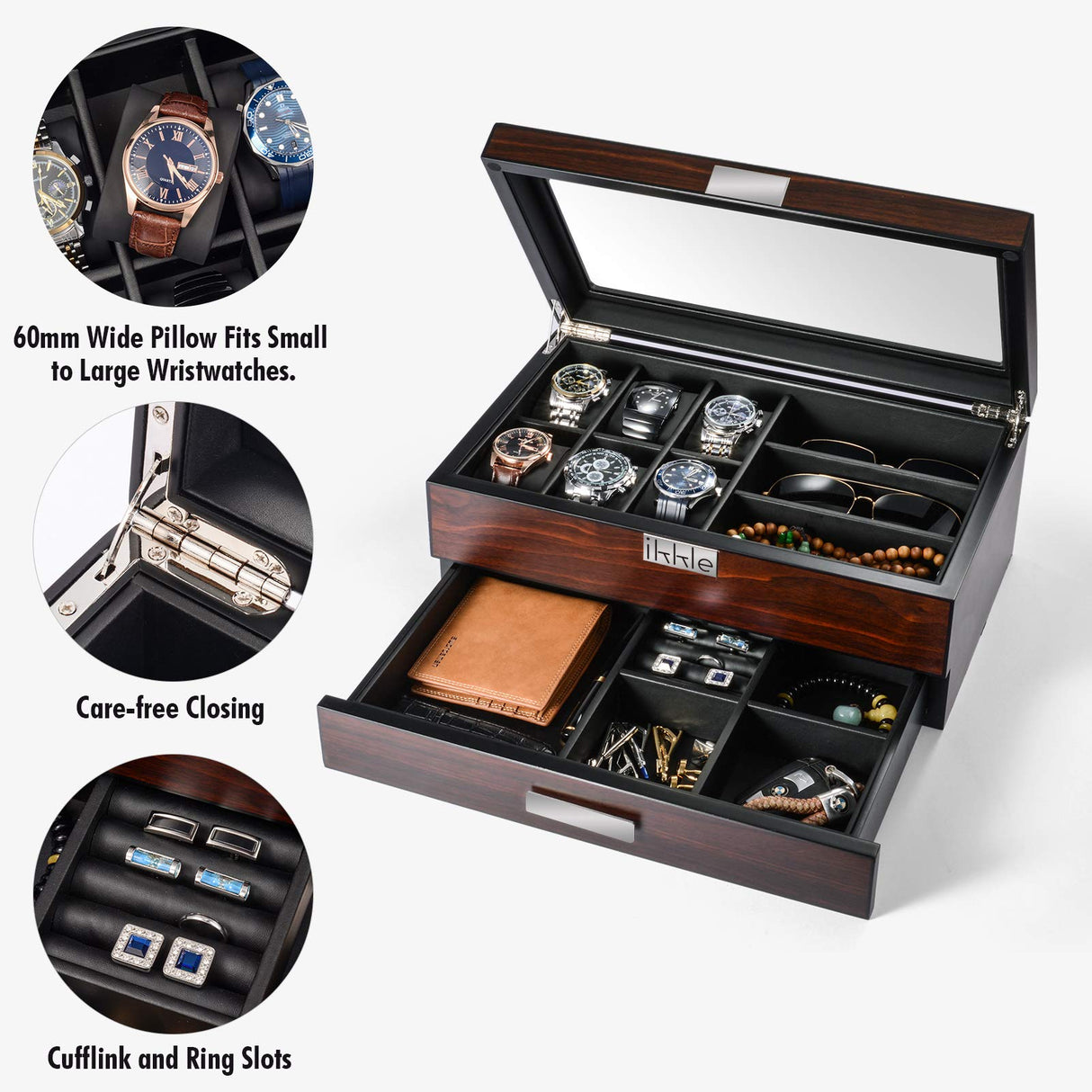 Sunix Watch Box Organizer for Men, Luxury Wood Watch Jewelry Box with Valet Drawer, Glass Cover Watch Display Organizer, Jewelry Organizer for Men Gift Sunix