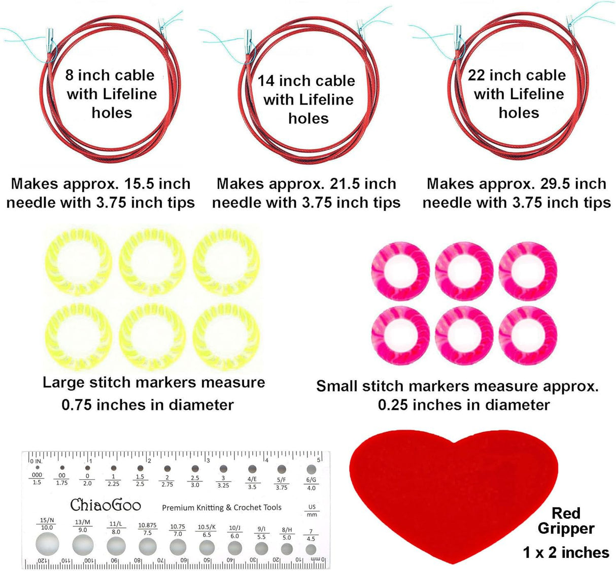 ChiaoGoo Twist Red Lace 4-Inch Small 7400-S Interchangeable Circular Knitting Needle Set, Sizes US 2, 3, 4, 5, 6, 7, 8, Stainless Steel with 4 Cords with Project Bag ChiaoGoo