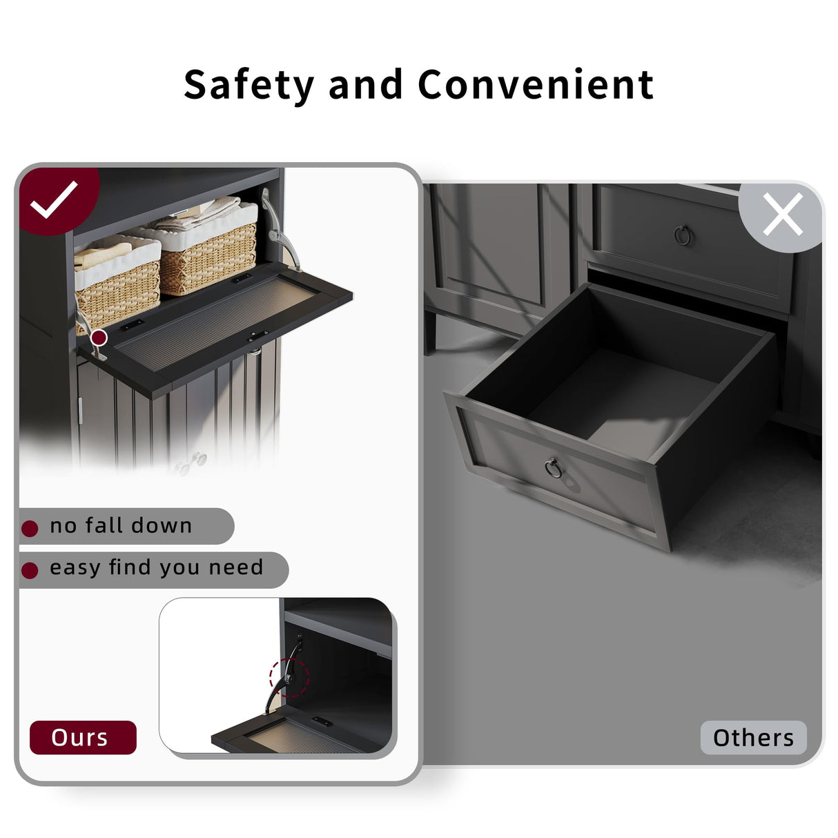 ChooChoo Bathroom Floor Storage Cabinet with Flip Glass Drawer, Bathroom Cabinets Freestanding with 2 Doors Adjustable Shelf and 1 Open Storage for Bathroom, Living Room, Hallway, Black ChooChoo