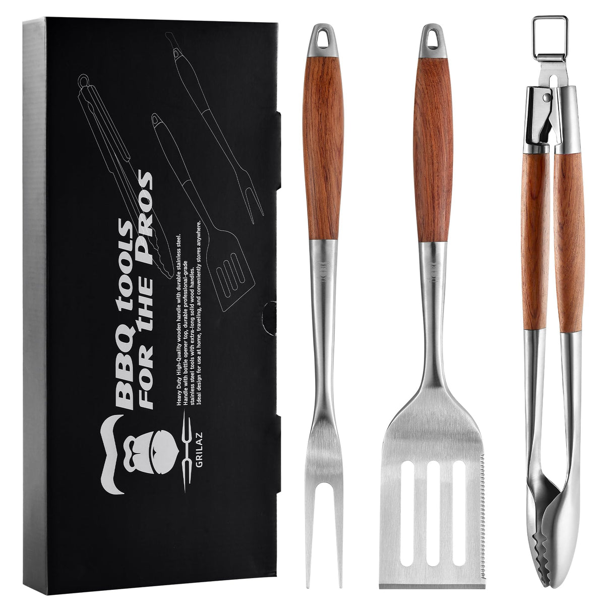 GRILAZ Heavy-Duty Rose Wooden BBQ Grilling Tools Set. Extra Thick Stainless Steel Multi-Function Spatula, Fork & Tongs | Essential Accessories for Barbecue & Grill. Ideal Gift for Fatherโฆ GRILAZ