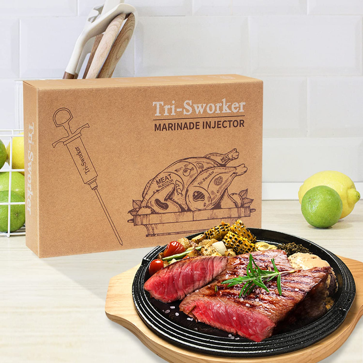 Tri-Sworker Meat Injector Syringe for Smoking with 4 Marinade Flavor Food Injector Needles, Ideal to Injector Marinades for Meats, Turkey, Brisket, Beef; 2-OZ Capacity Tri-Sworker