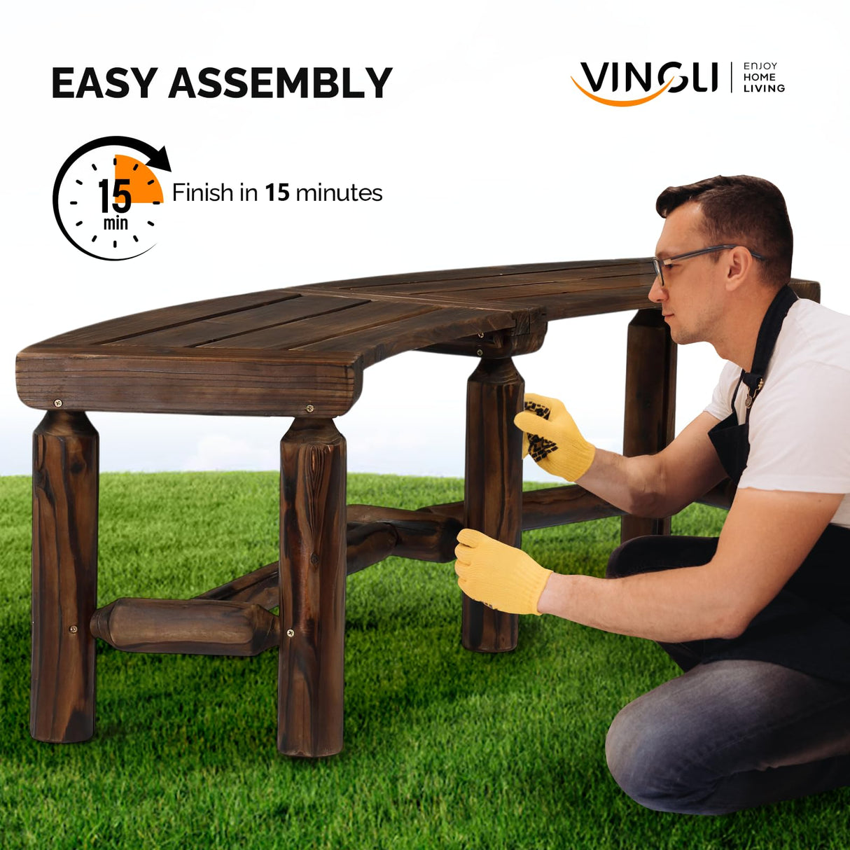 VINGLI Outdoor Bench Wooden Curved Bench, All-Weather Fire Pit Backless Patio Bench, 2-Person Seating Rustic Garden Bench for Backyard Porch Deck Entryway (Carbonized) VINGLI