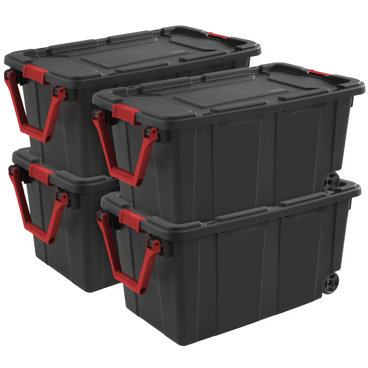Sterilite 4-Pack Industrial Tote, Heavy-Duty Storage Bins w/Lids and Wheels, 40 Gallon - Stackable Organizing Containers for Home, Garage, Office, and Basement Sterilite